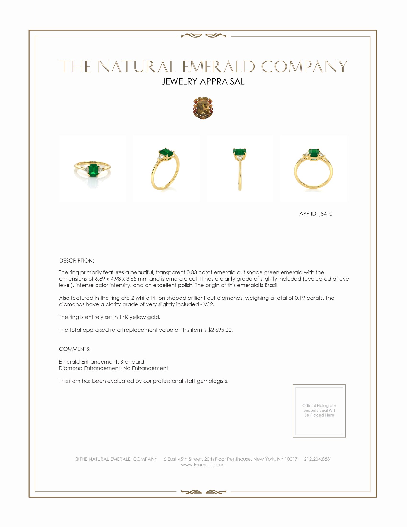 0.83 Ct. Emerald and Natural Diamond Three Stone Ring, 14K Yellow Gold