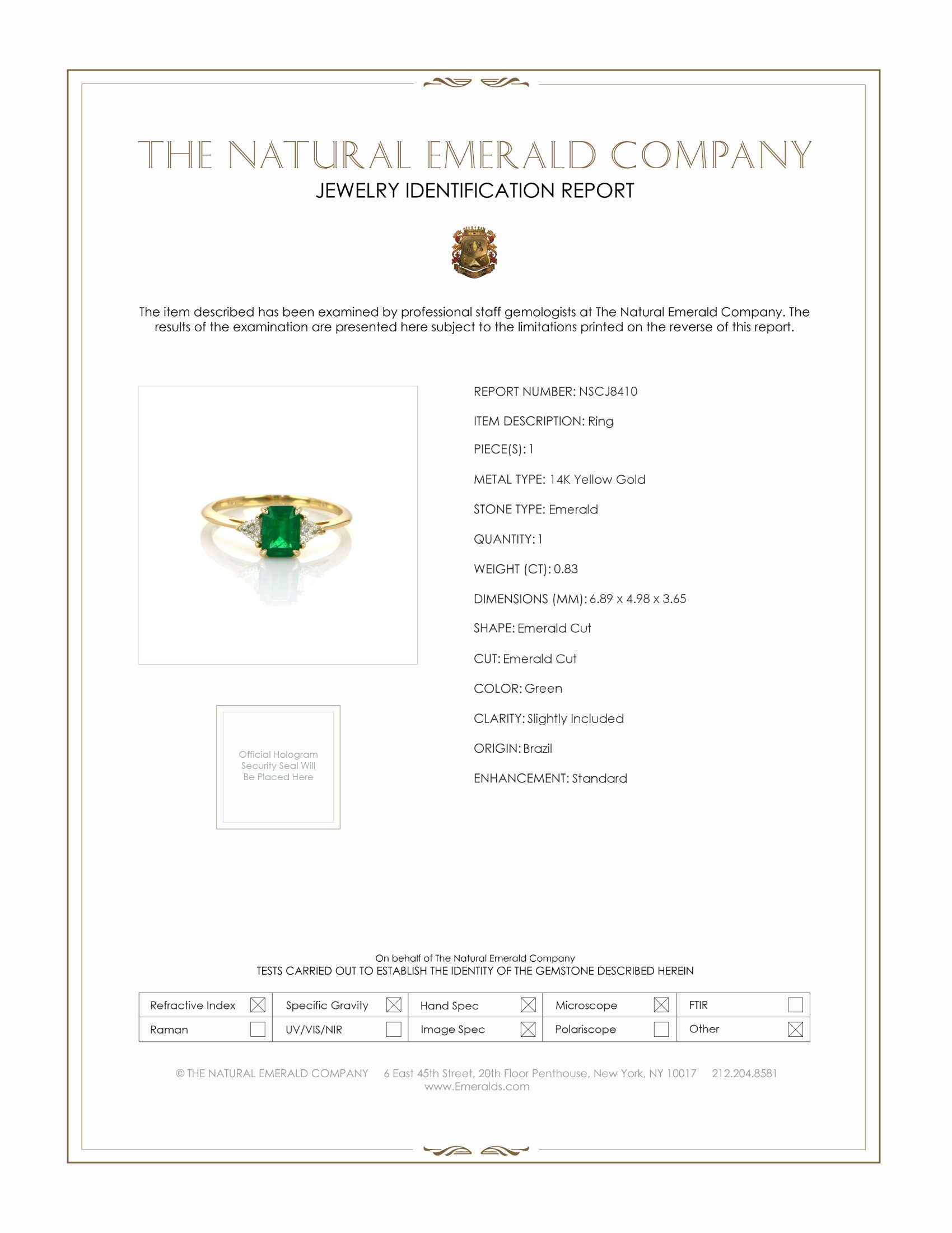 0.83 Ct. Emerald and Natural Diamond Three Stone Ring, 14K Yellow Gold