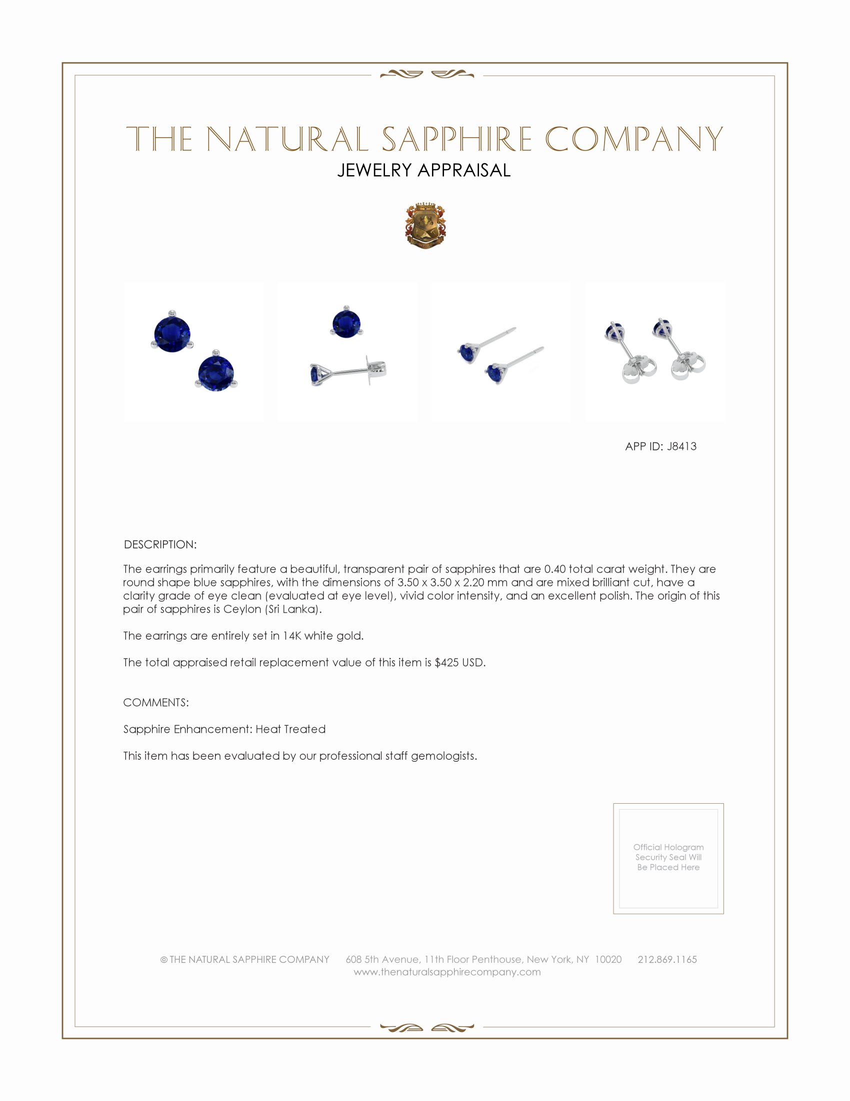 0.40 Ct.Tw. Blue Sapphire Studs Earrings, 14K White Gold