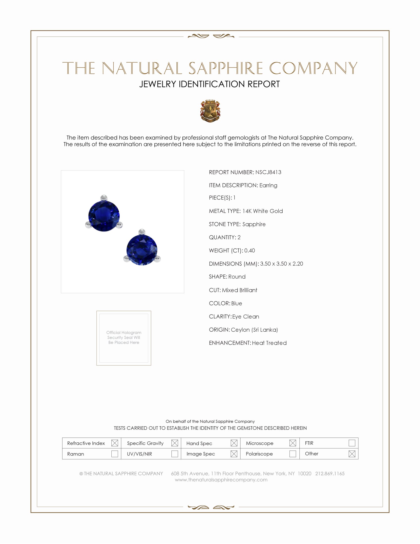 0.40 Ct.Tw. Blue Sapphire Studs Earrings, 14K White Gold