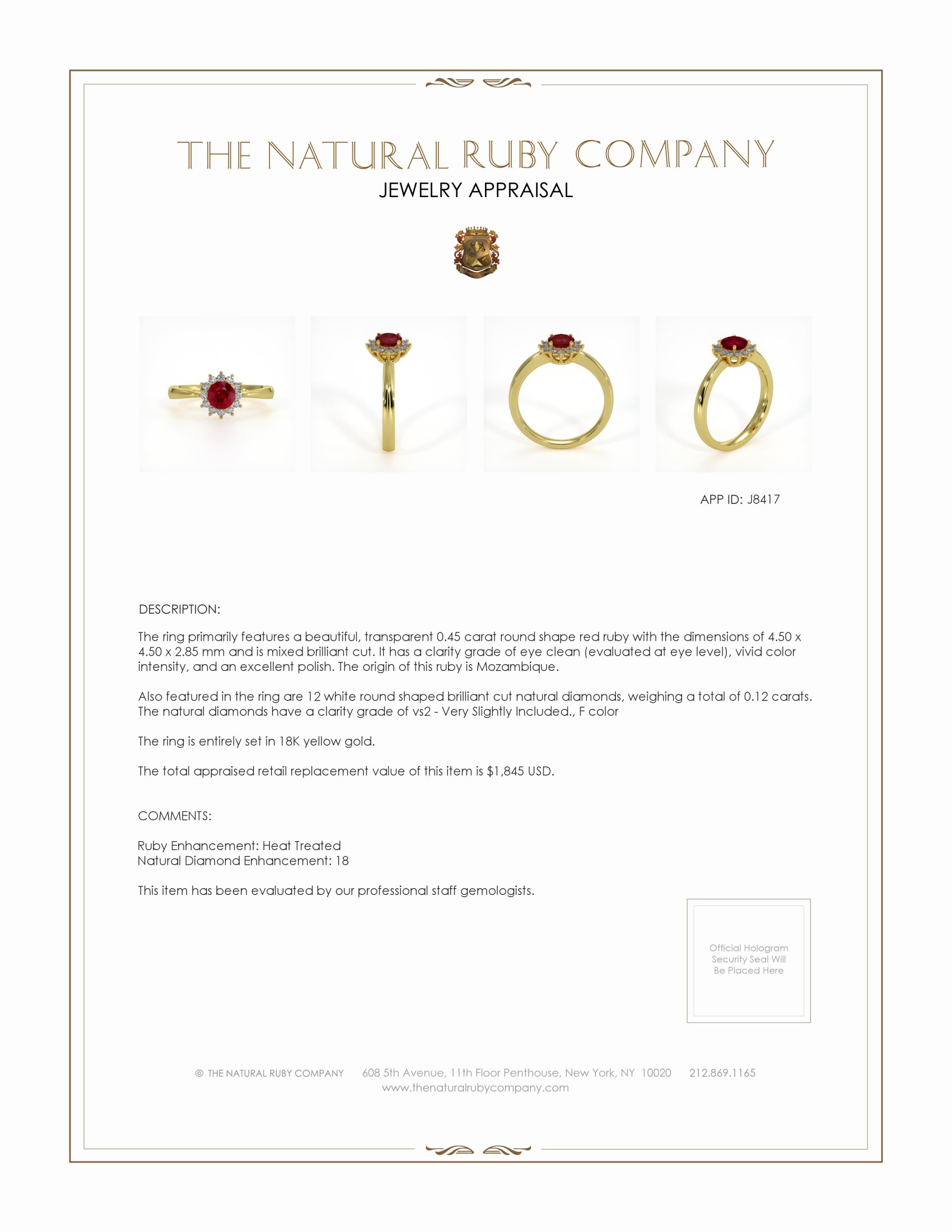 0.45 Ct. Ruby Natural Diamond Halo Ring, 18K Yellow Gold