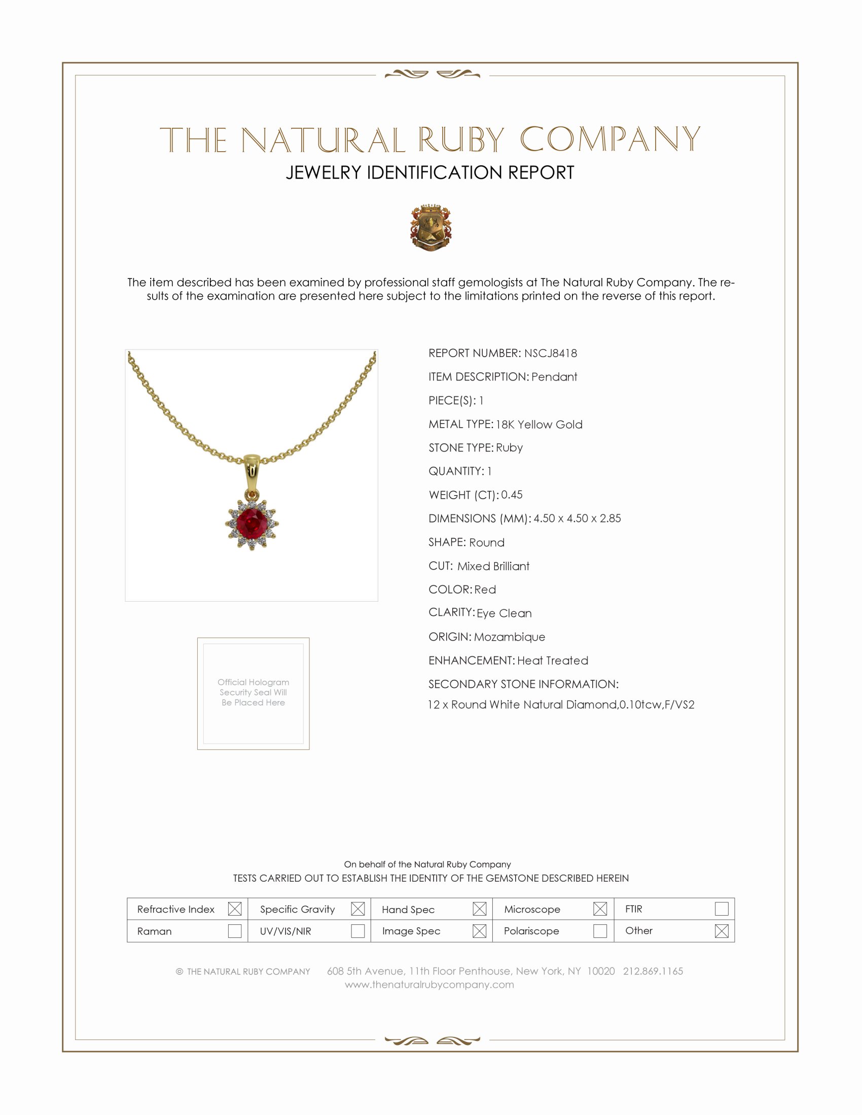 0.45 Ct. Ruby Natural Diamond Halo Pendant, 18K Yellow Gold