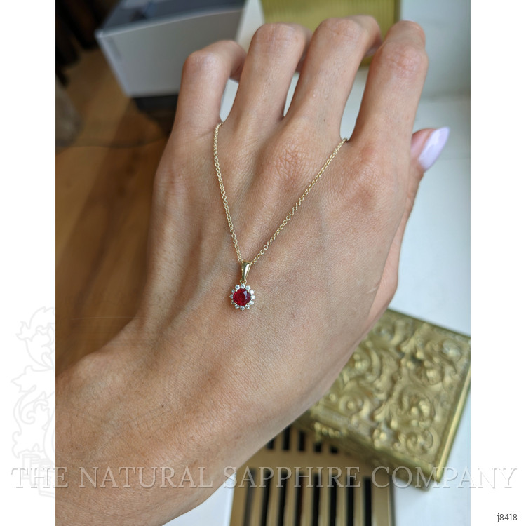 0.45 Ct. Ruby and Natural Diamond Halo Pendant, 18K Yellow Gold