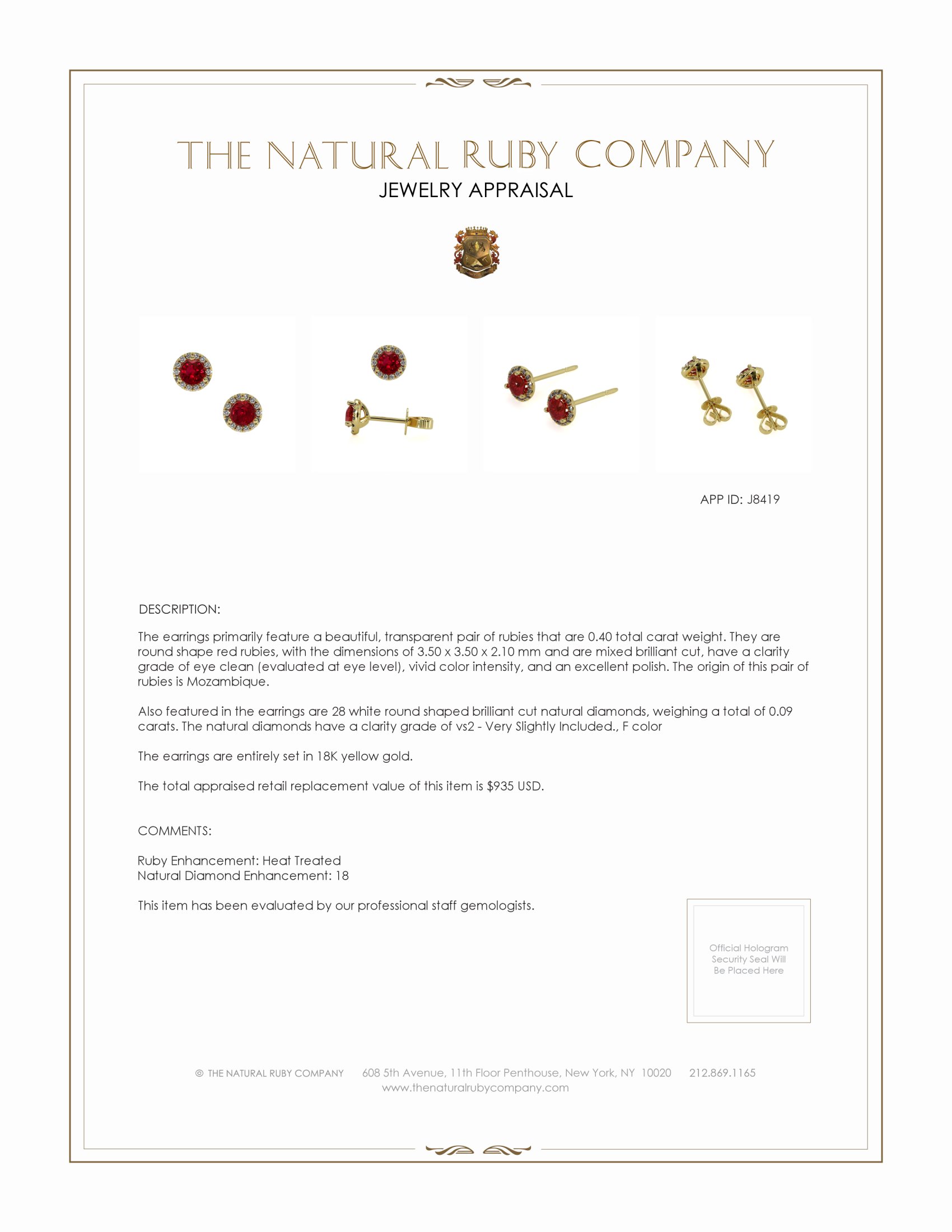 0.40 Ct.Tw. Ruby Natural Diamond Pave Earrings, 18K Yellow Gold