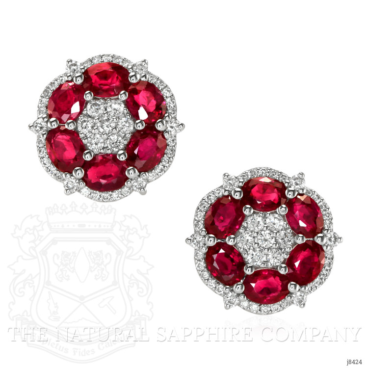 3.06 Ct.Tw. Pinkish Red Ruby and Natural Diamond Halo Earrings, 18K White Gold