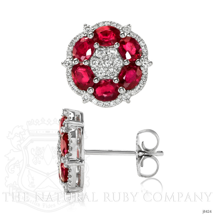 3.06 Ct.Tw. Pinkish Red Ruby and Natural Diamond Halo Earrings, 18K White Gold