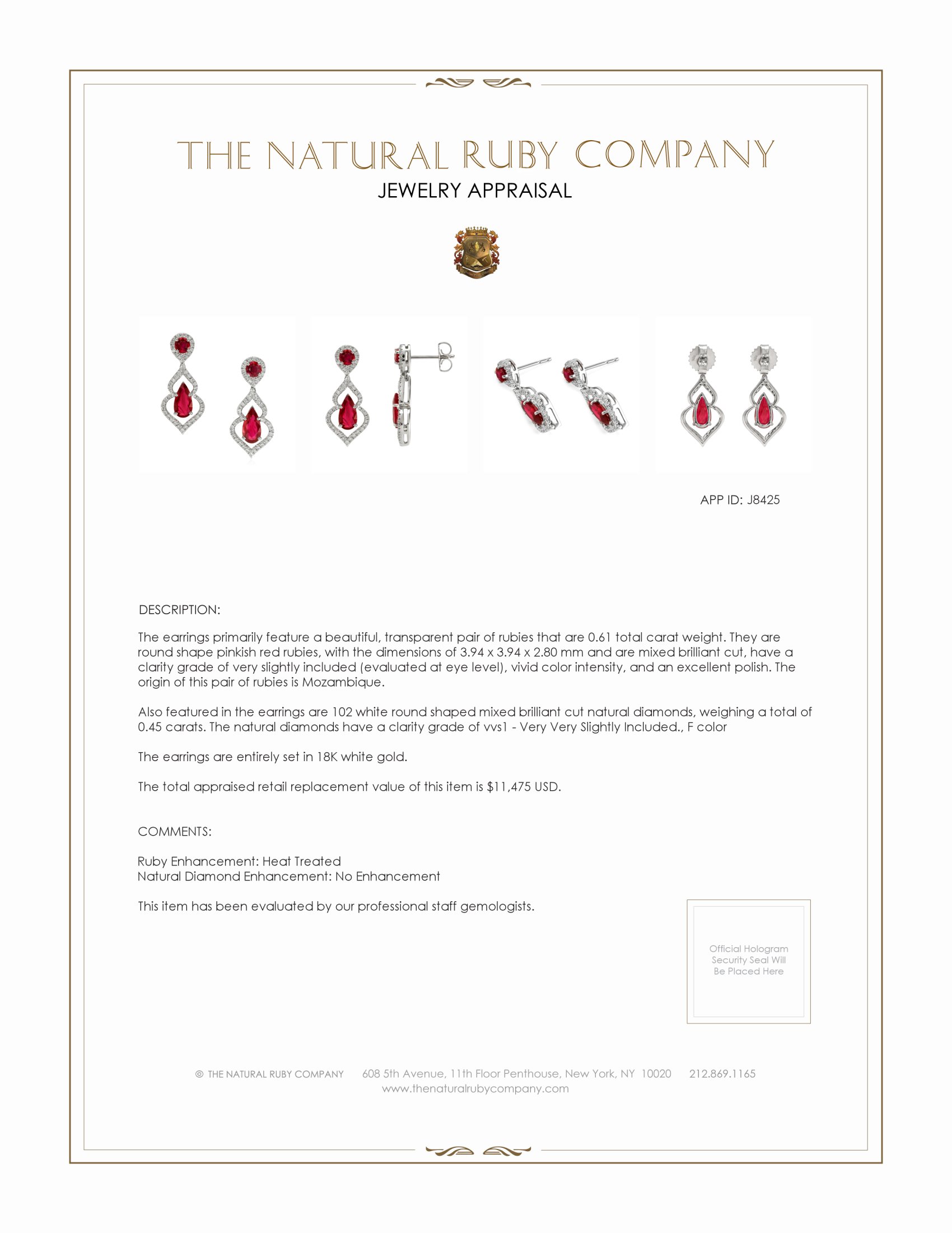 2.84 Ct.Tw. Pinkish Red Ruby and Natural Diamond Antique Style Earrings, 18K White Gold