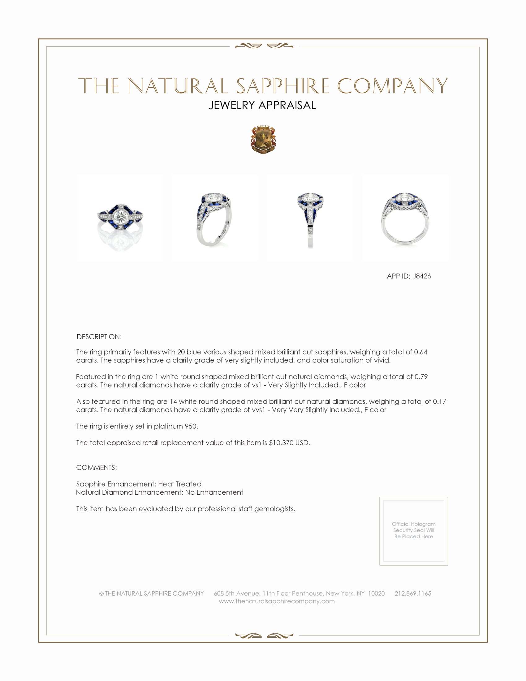 0.64 Ct. Blue Sapphire and Natural Diamond Antique Style Ring, Platinum 950