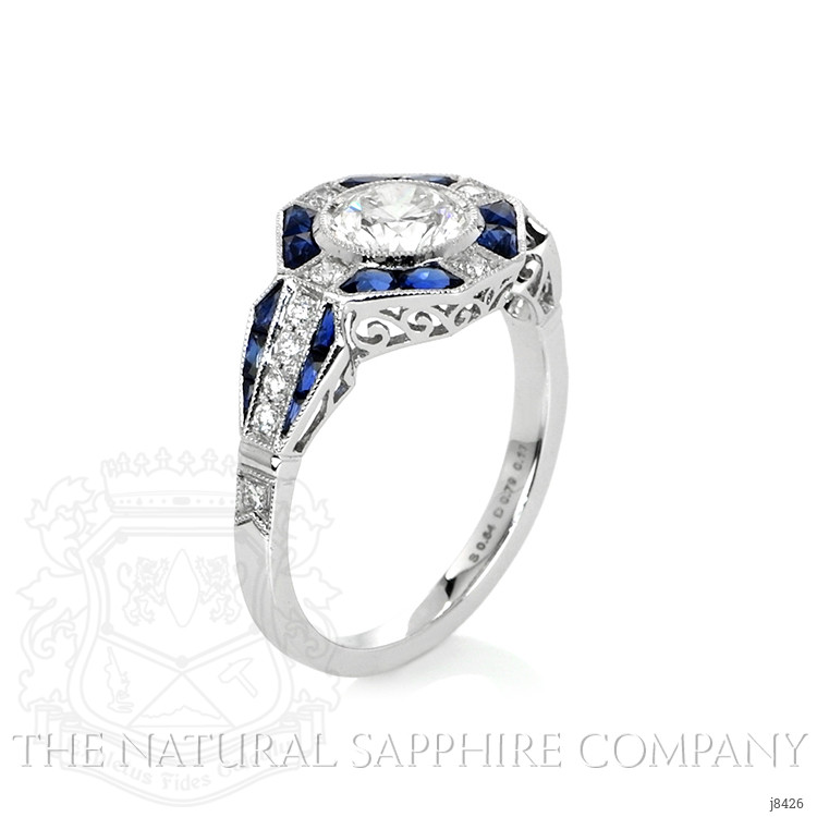0.64 Ct. Blue Sapphire and Natural Diamond Antique Style Ring, Platinum 950