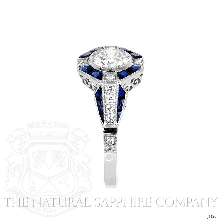 0.64 Ct. Blue Sapphire and Natural Diamond Antique Style Ring, Platinum 950