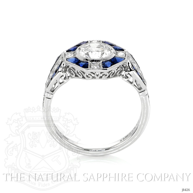 0.64 Ct. Blue Sapphire and Natural Diamond Antique Style Ring, Platinum 950
