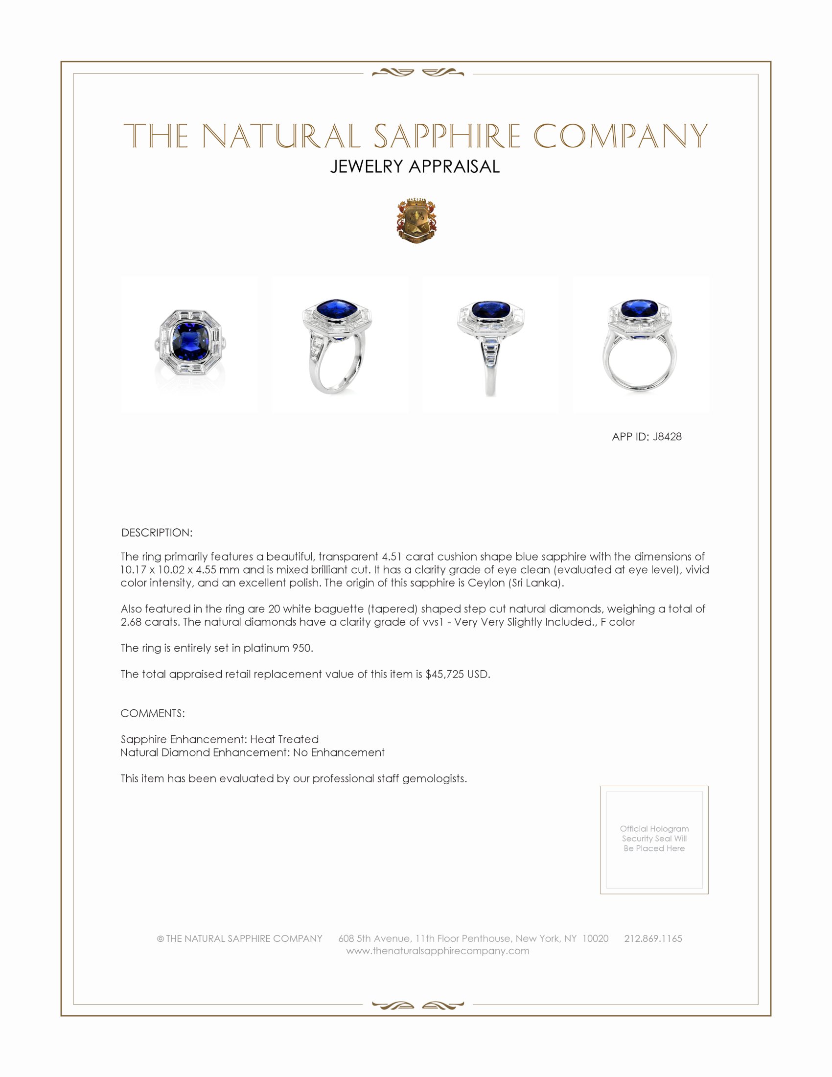 4.51 Ct. Blue Sapphire and Natural Diamond Halo Ring, Platinum 950