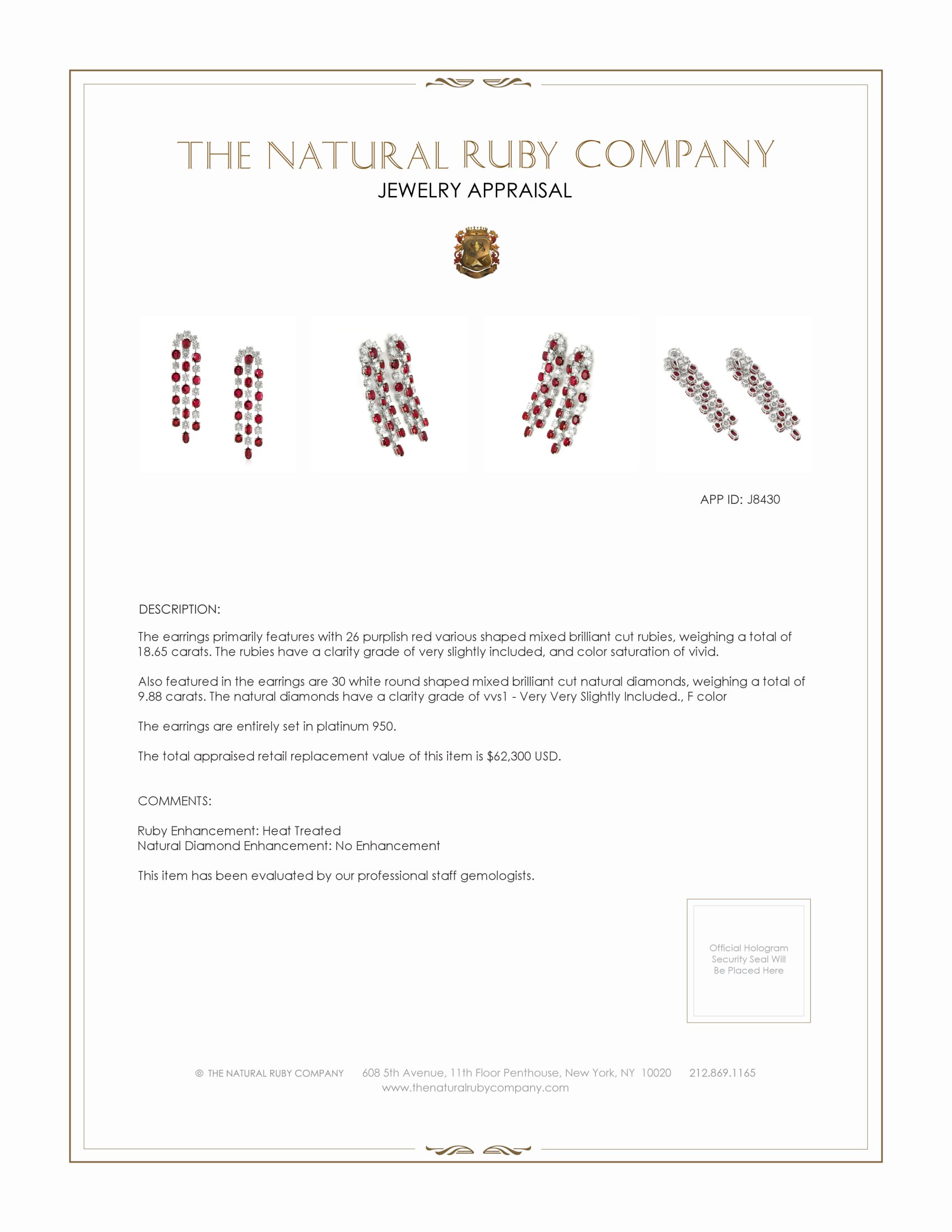 18.65 Ct.Tw. Purplish Red Ruby and Natural Diamond Accent Stones Earrings, Platinum 950