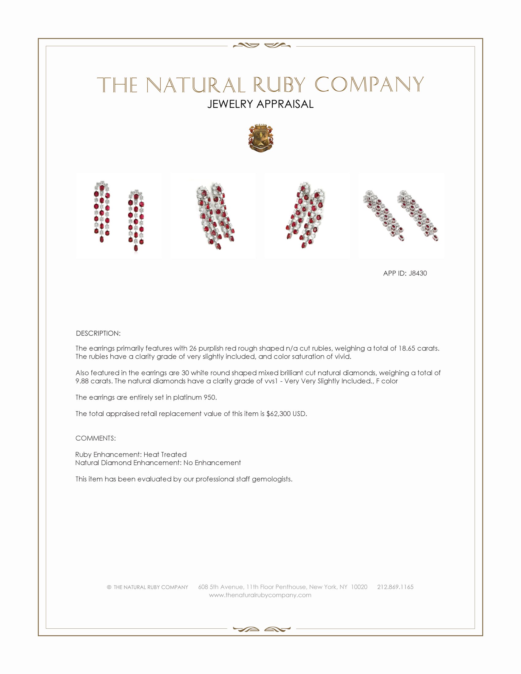 18.65 Ct.Tw. Purplish Red Ruby and Natural Diamond Accent Stones Earrings, Platinum 950