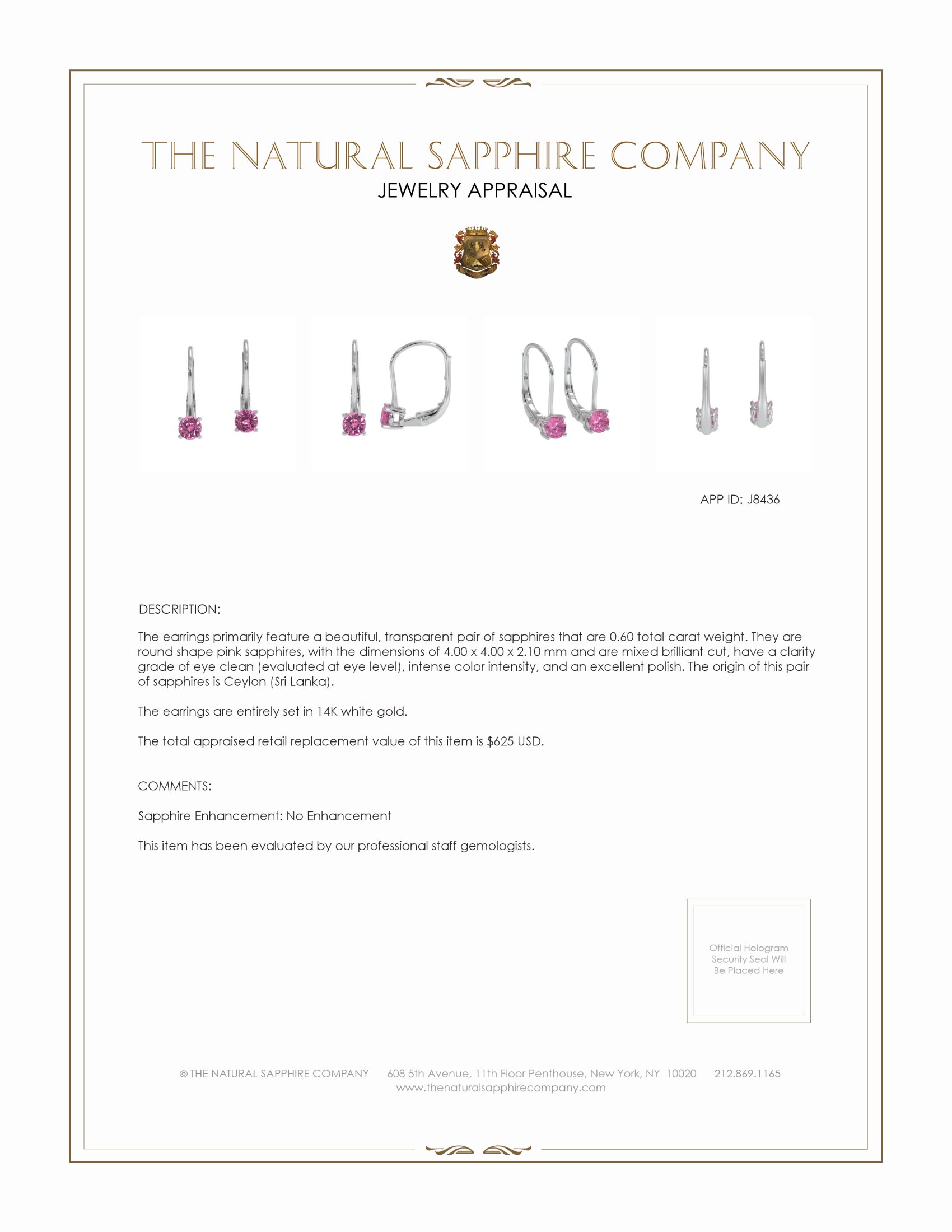 0.60 Ct.Tw. Pink Sapphire Hoops Earrings, 14K White Gold