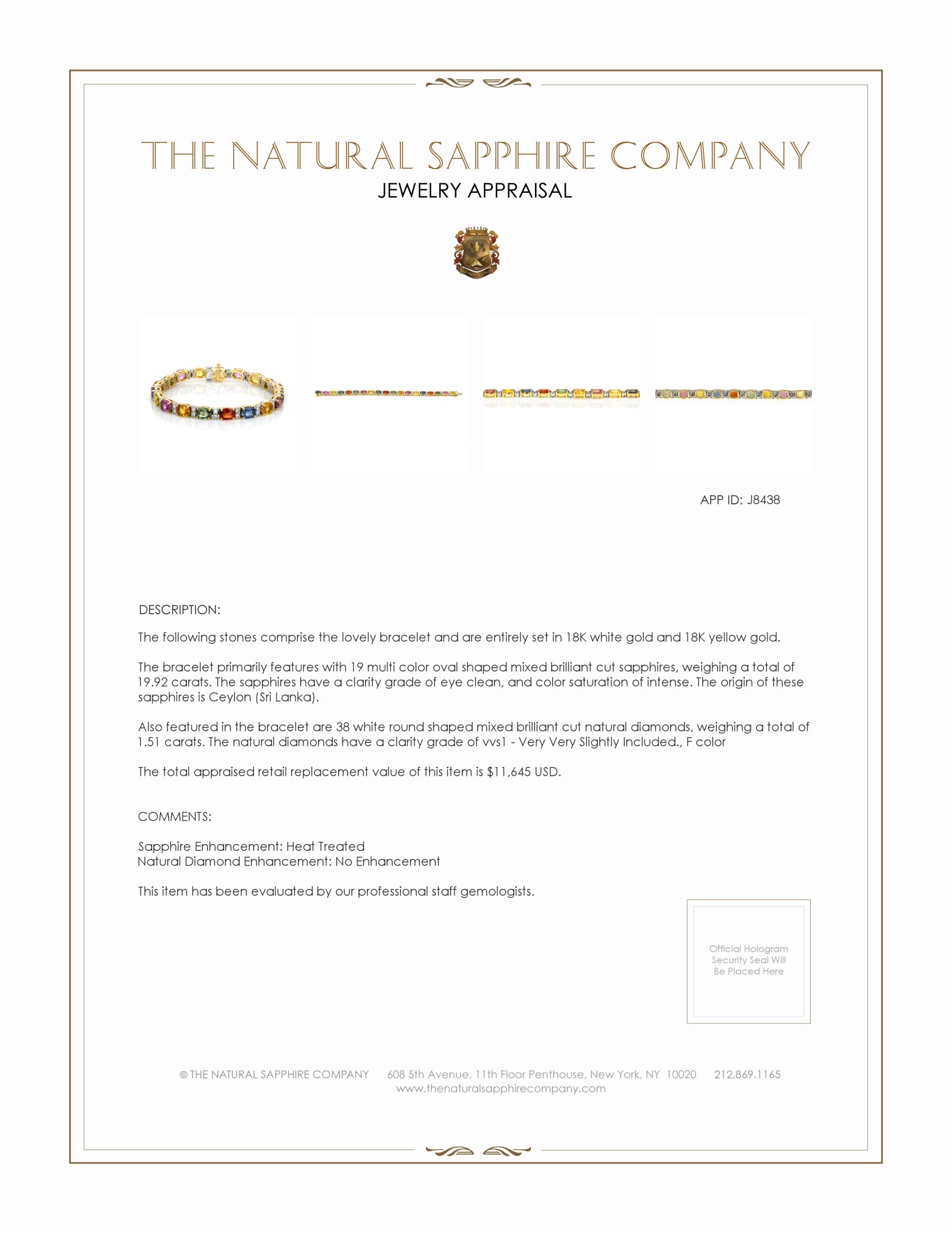 19.92 Ct.Tw. Multi Color Sapphire and Natural Diamond Tennis/Line Bracelet, 18K White & Yellow