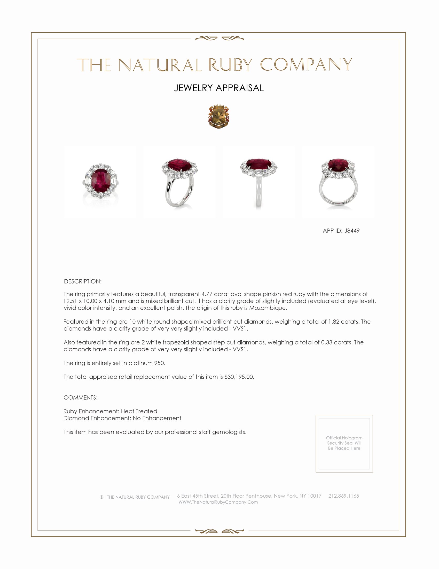 4.77 Ct. Ruby Natural Diamond Halo Ring, Platinum 950