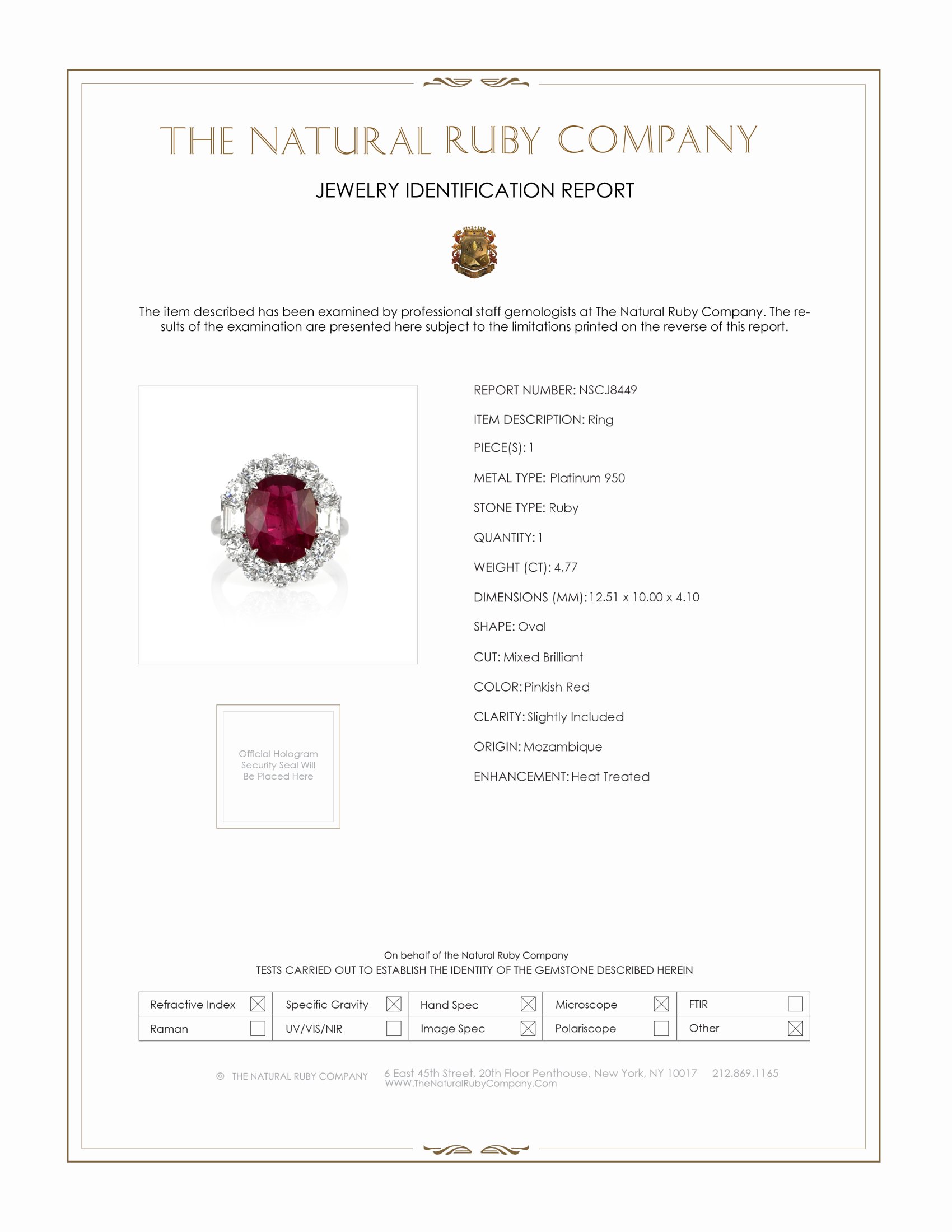 4.77 Ct. Pinkish Red Ruby and Natural Diamond Halo Ring, Platinum 950