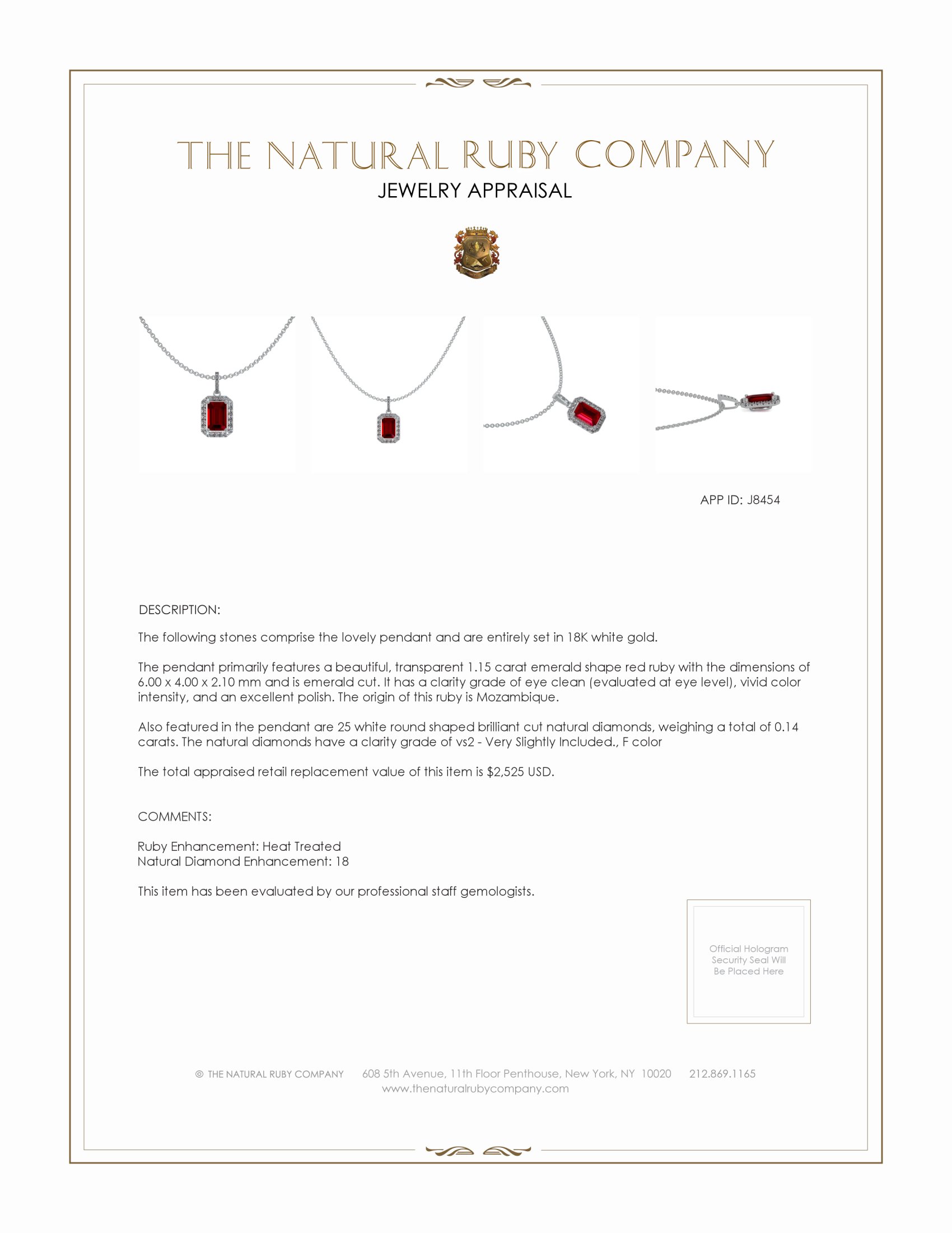 1.15 Ct. Ruby Natural Diamond Pave Pendant, 18K White Gold