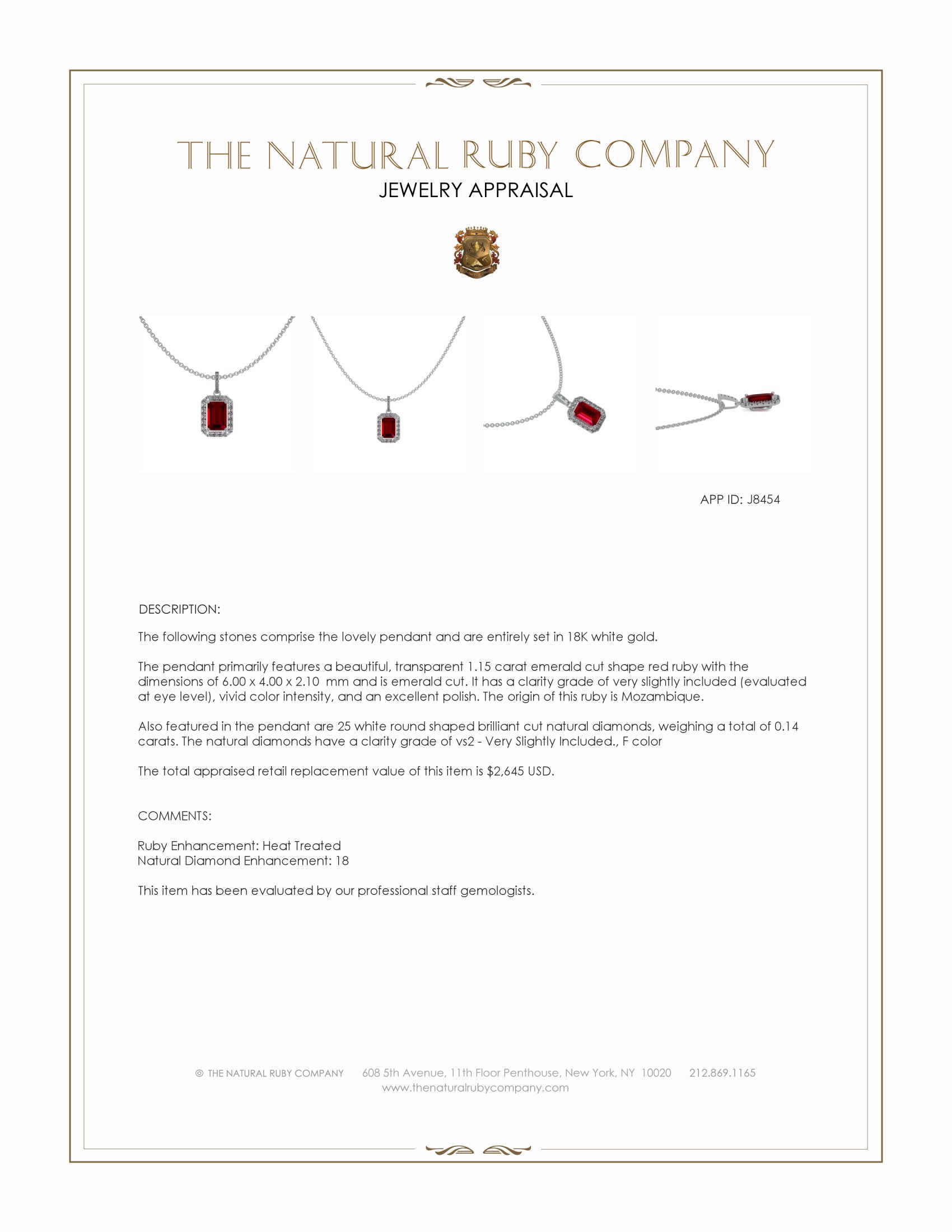 1.15 Ct. Ruby and Natural Diamond Pave Pendant, 18K White Gold