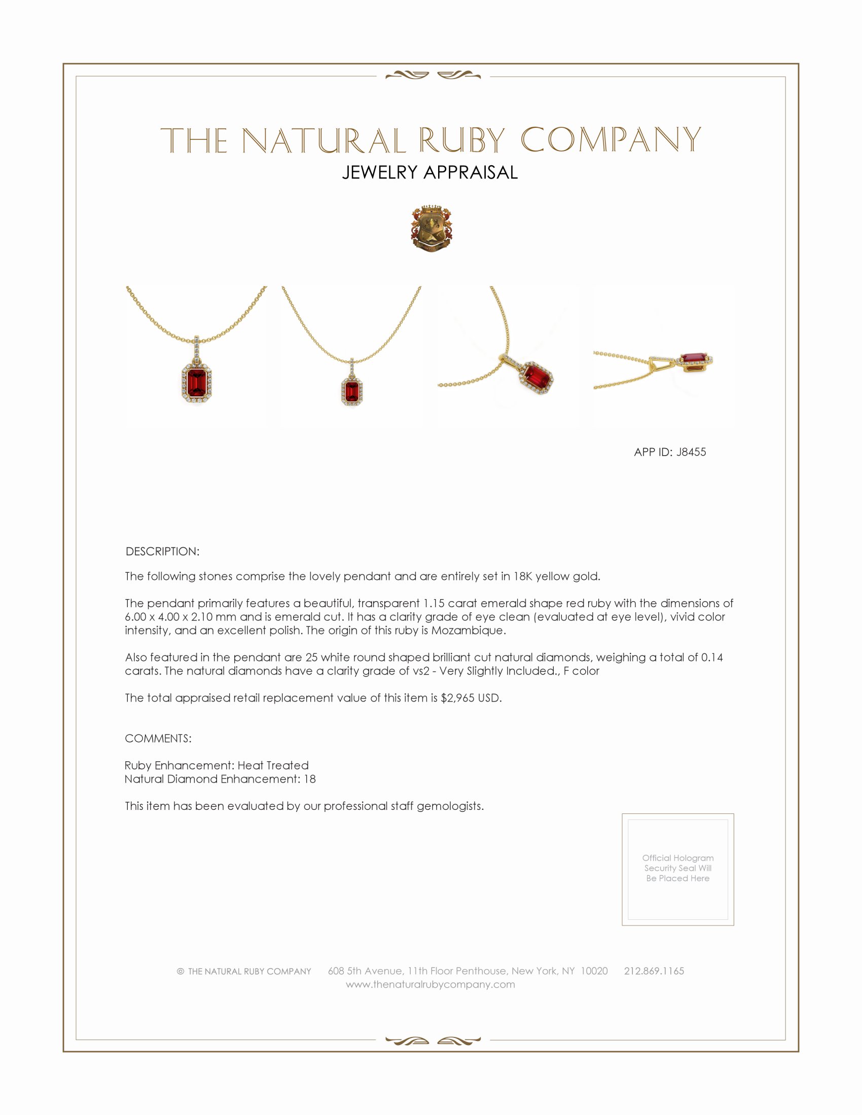 1.15 Ct. Ruby Natural Diamond Pave Pendant, 18K Yellow Gold