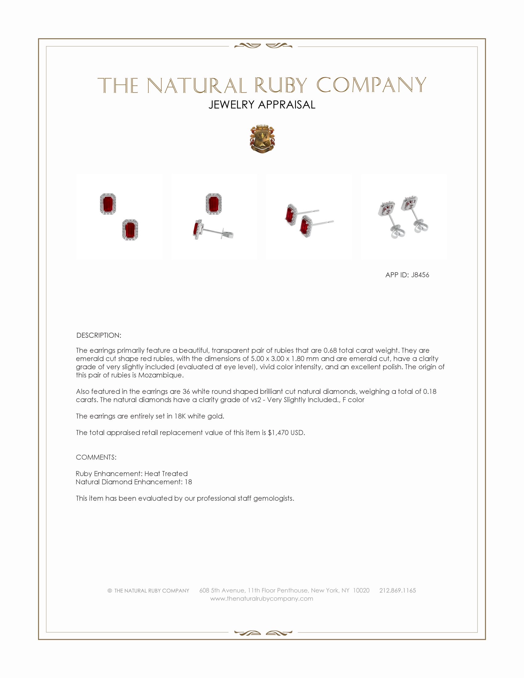 0.68 Ct.Tw. Ruby and Natural Diamond Studs Earrings, 18K White Gold