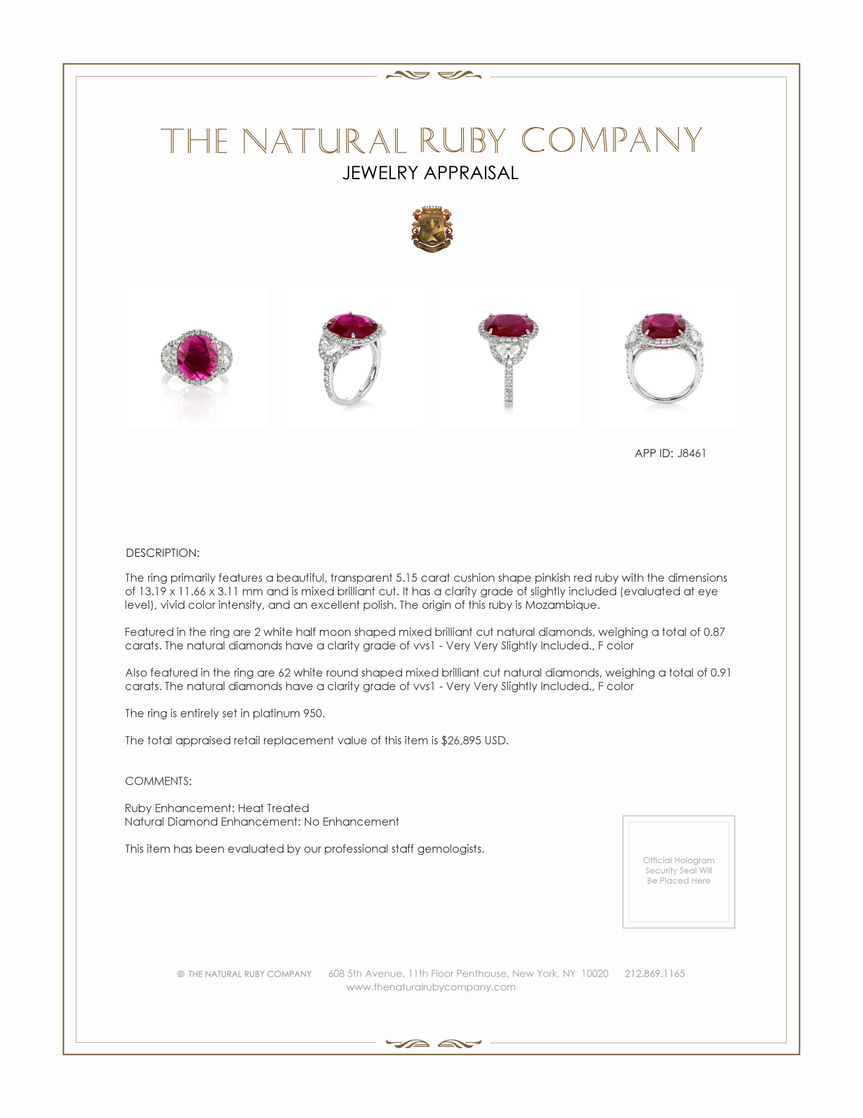 5.15 Ct. Ruby Natural Diamond Three Stone Ring, Platinum 950
