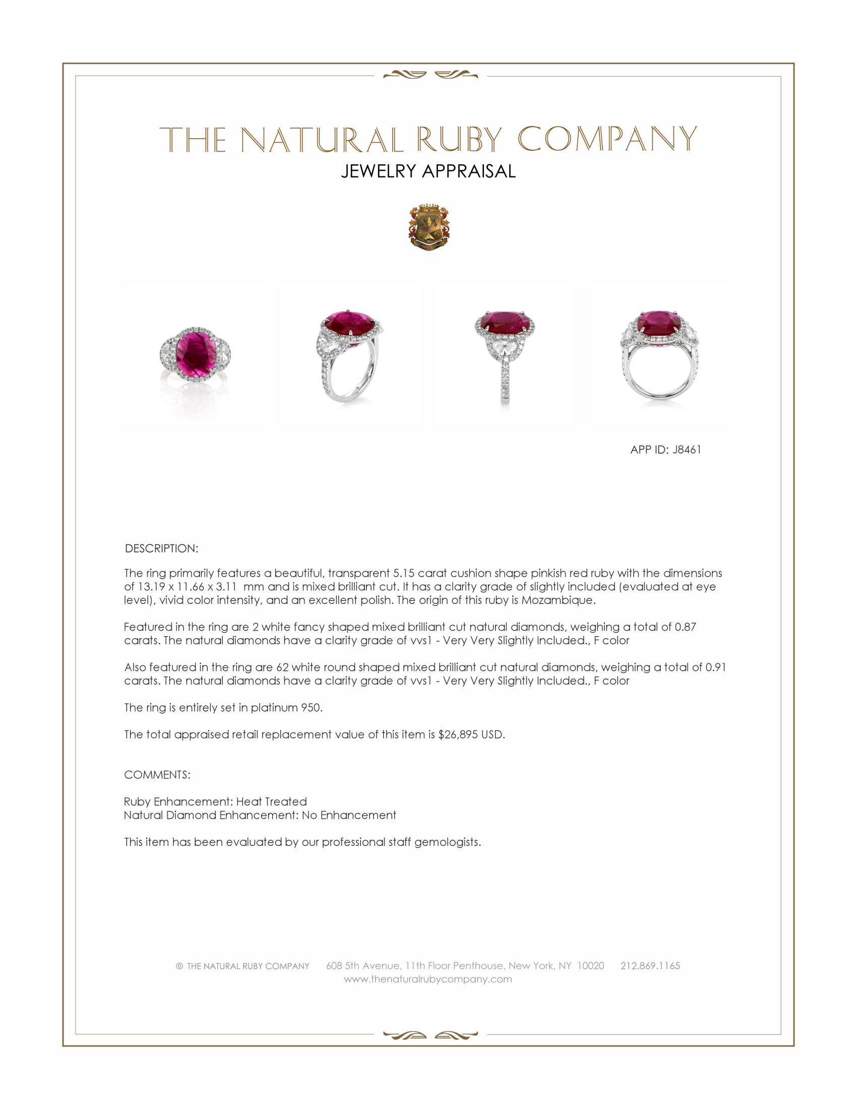 5.15 Ct. Pinkish Red Ruby and Natural Diamond Three Stone Ring, Platinum 950