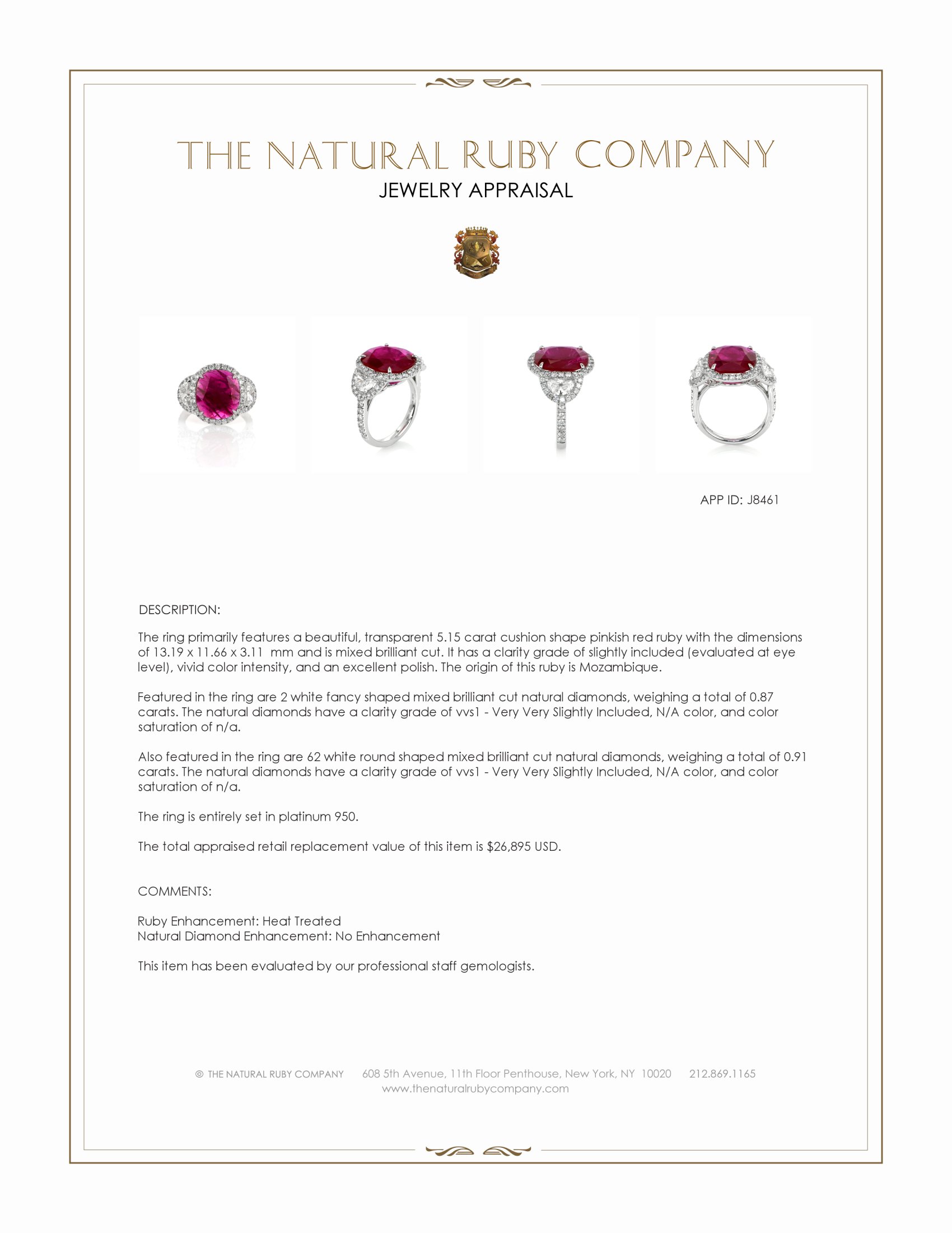 5.15 Ct. Pinkish Red Ruby and Natural Diamond Three Stone Ring, Platinum 950