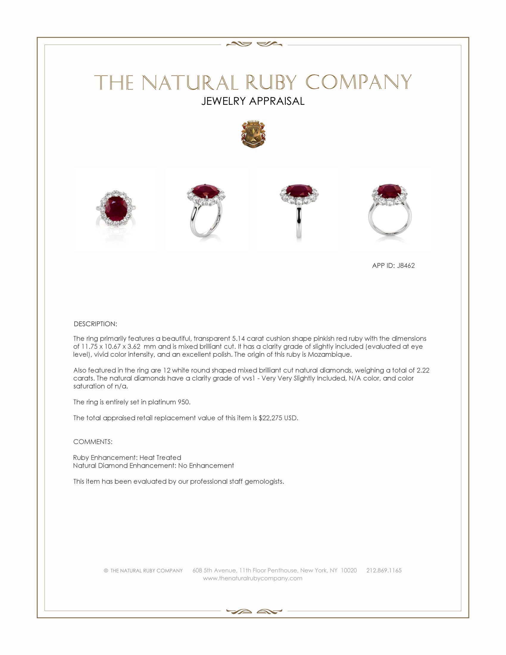 5.14 Ct. Pinkish Red Ruby and Natural Diamond Halo Ring, Platinum 950