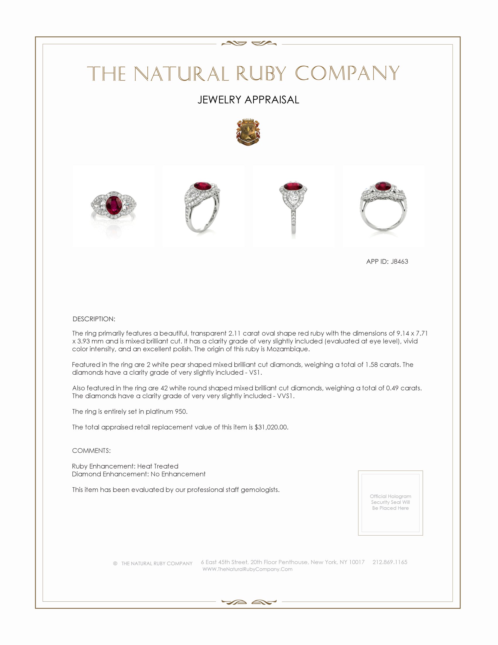 2.11 Ct. Ruby and Natural Diamond Three Stone Ring, Platinum 950