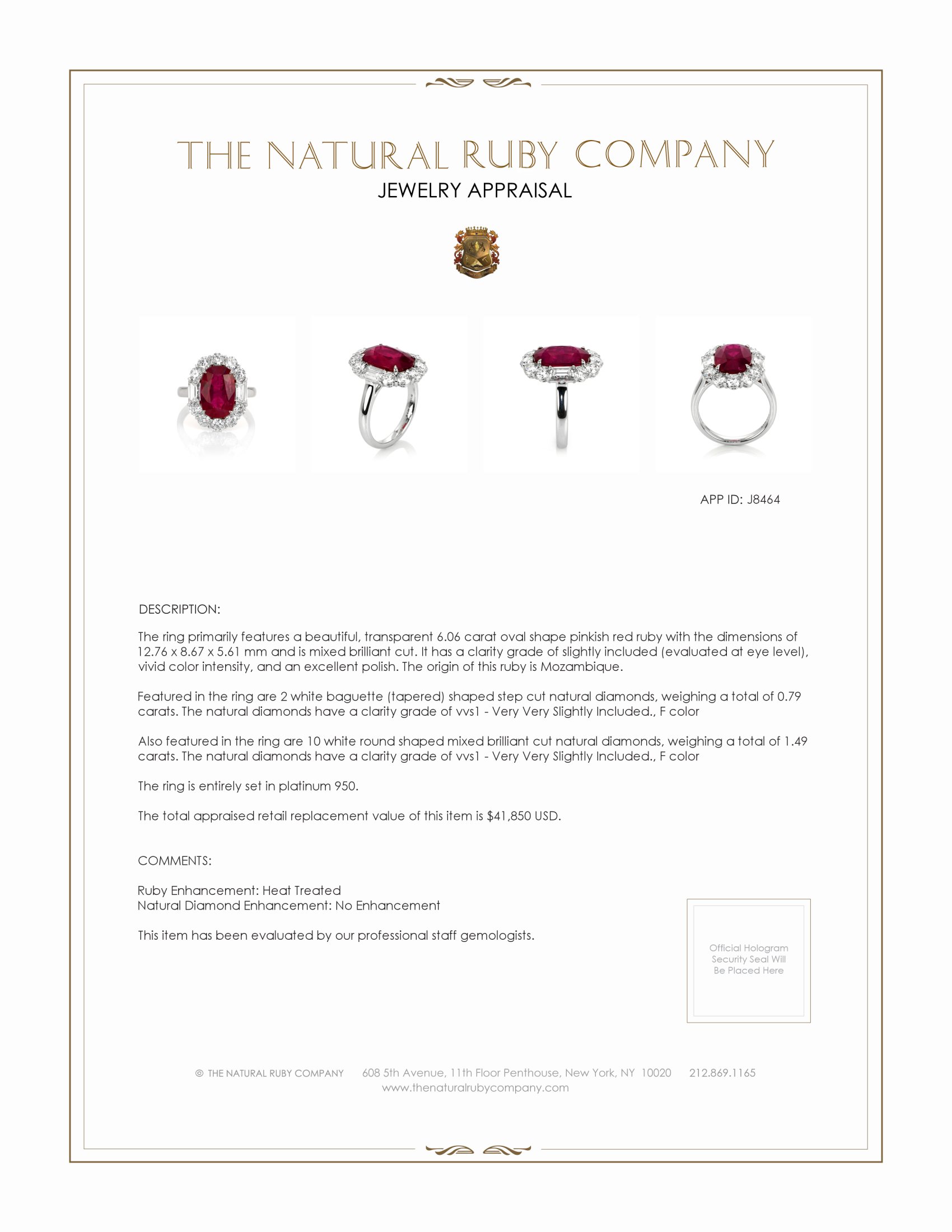 6.06 Ct. Ruby Natural Diamond Halo Ring, Platinum 950