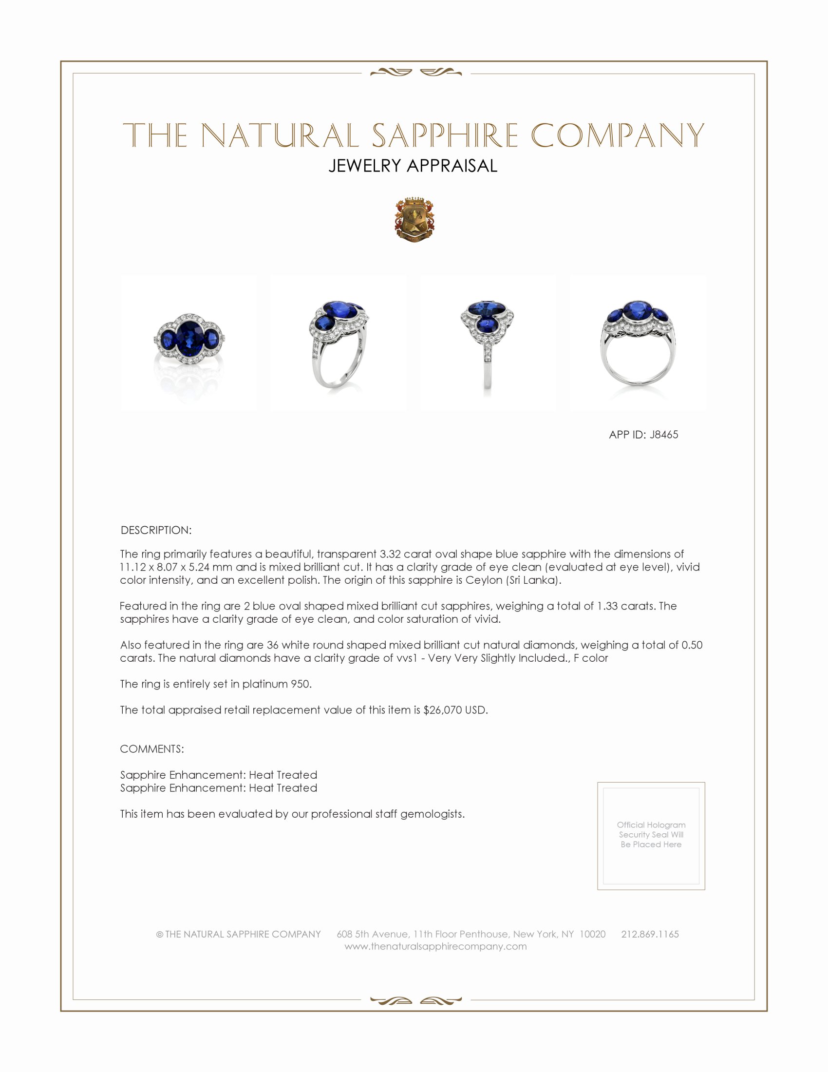 3.32 Ct. Blue Sapphire and Natural Diamond Three Stone Ring, Platinum 950