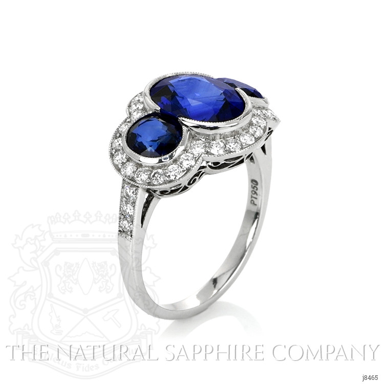 3.32 Ct. Blue Sapphire and Natural Diamond Three Stone Ring, Platinum 950