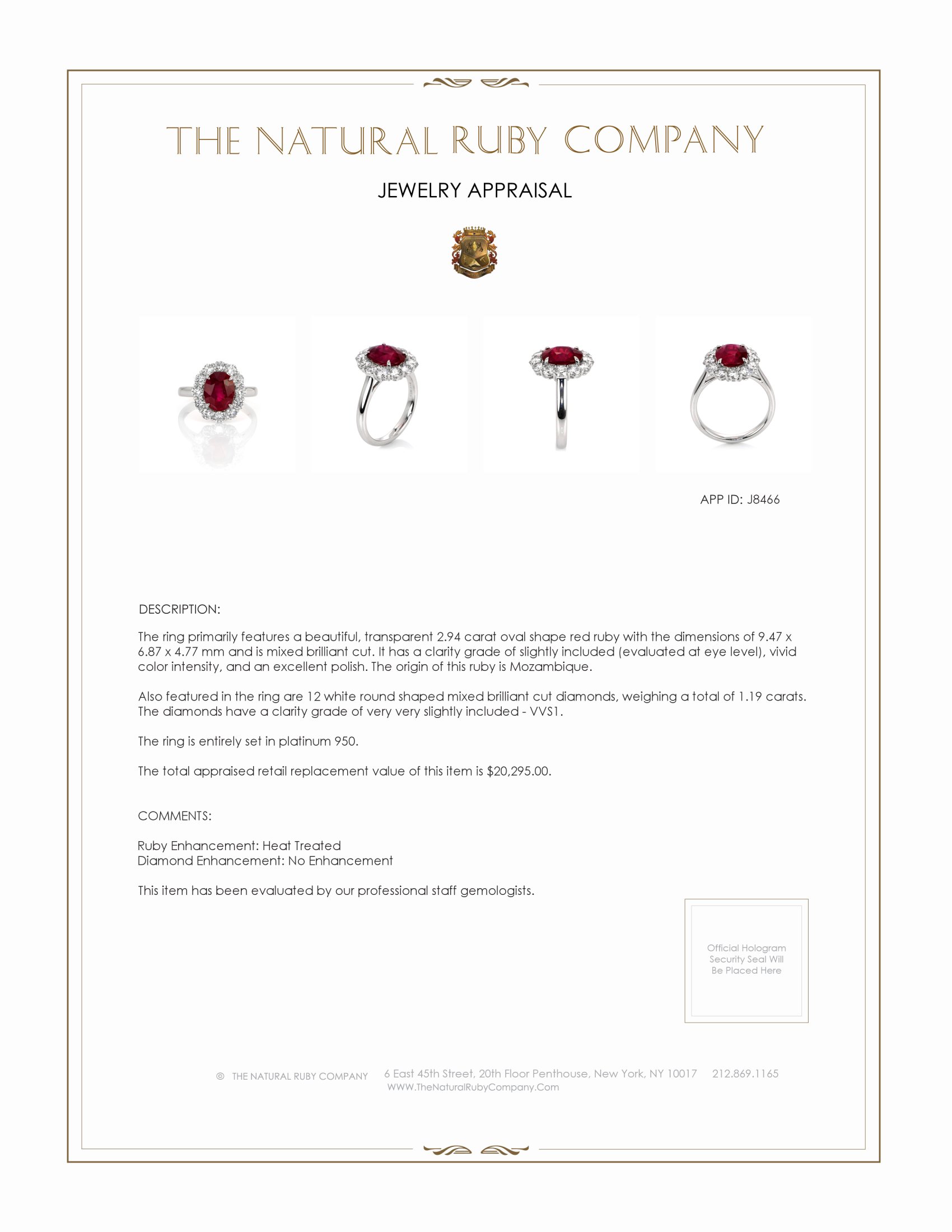 2.94 Ct. Ruby Natural Diamond Halo Ring, Platinum 950