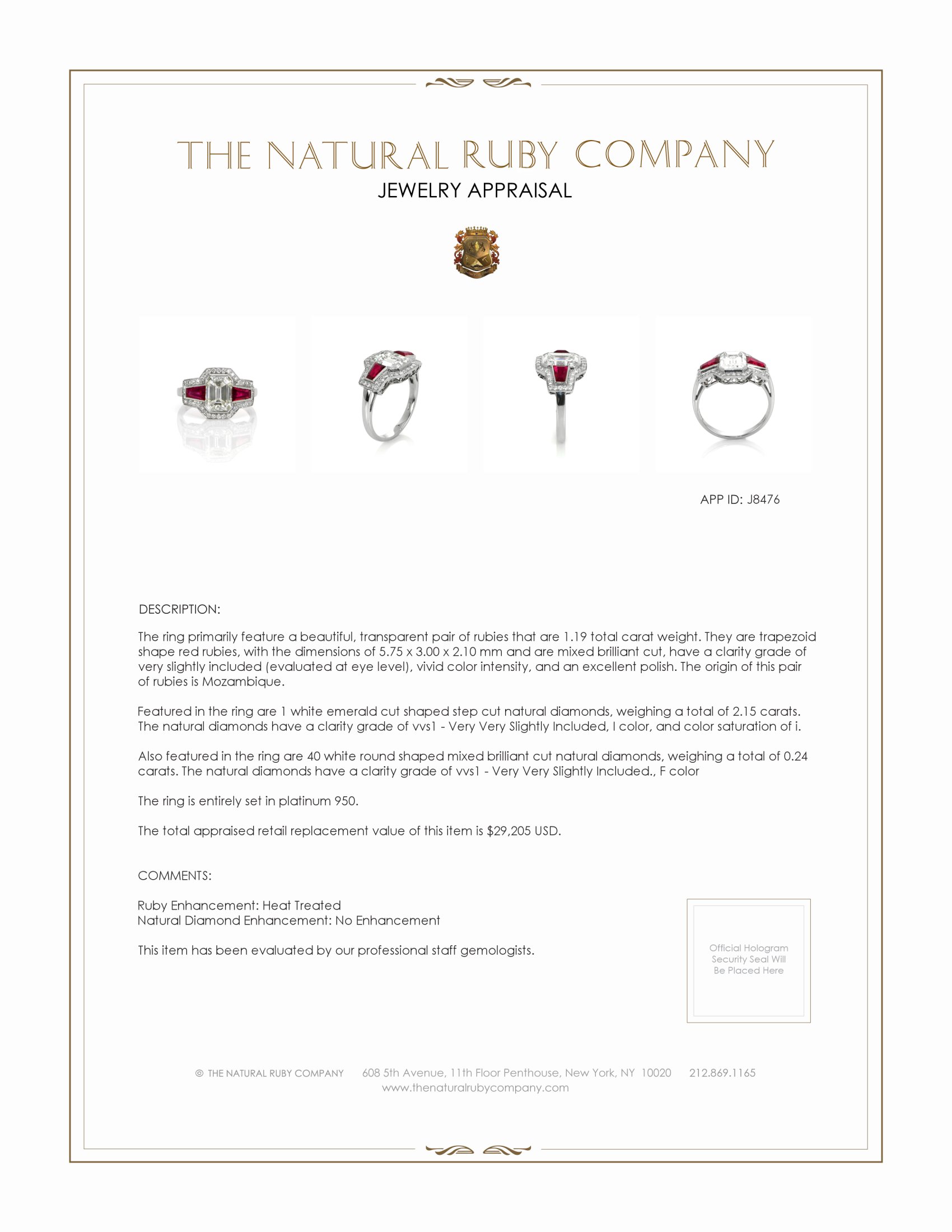 1.19 Ct. Ruby and Natural Diamond Antique Style Ring, Platinum 950