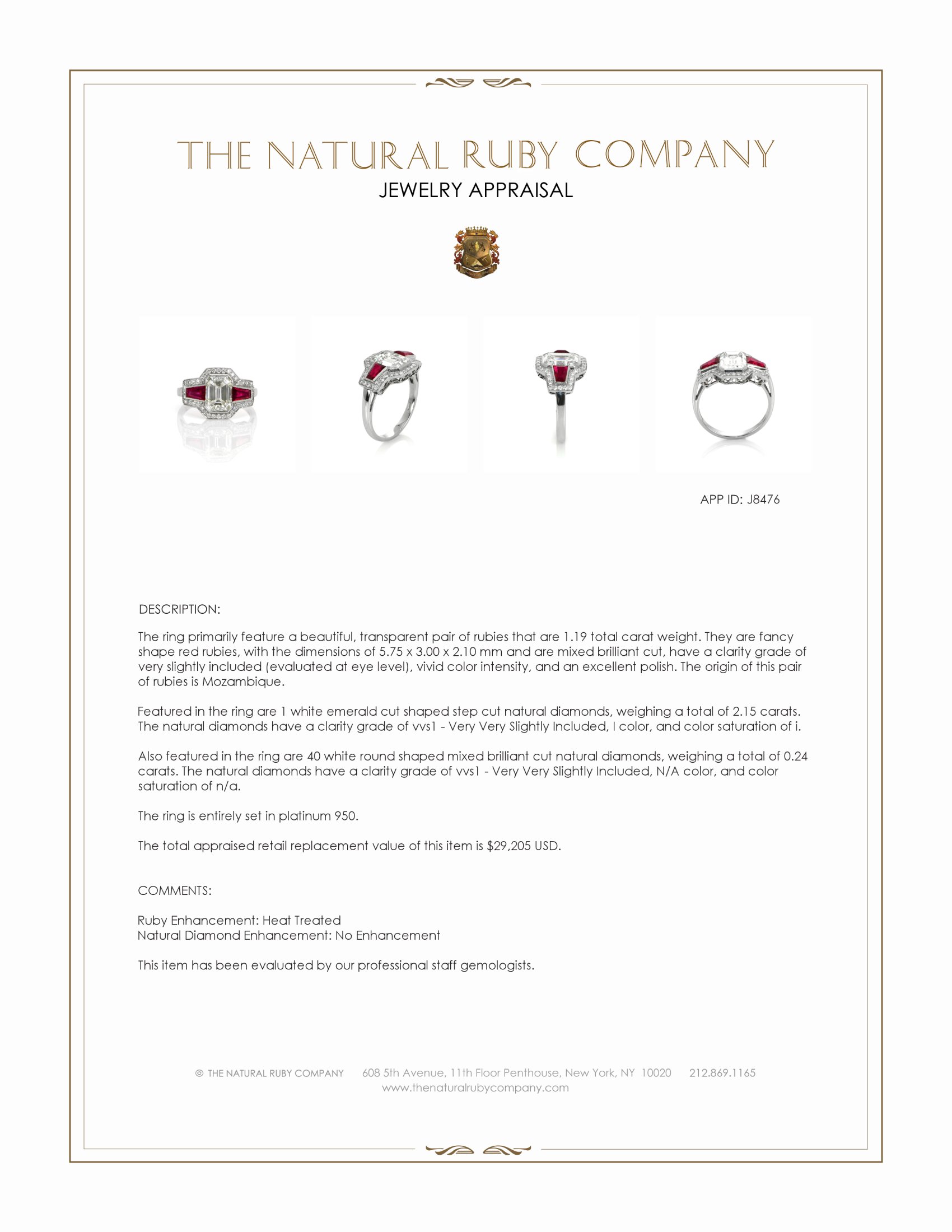 1.19 Ct. Ruby and Natural Diamond Antique Style Ring, Platinum 950