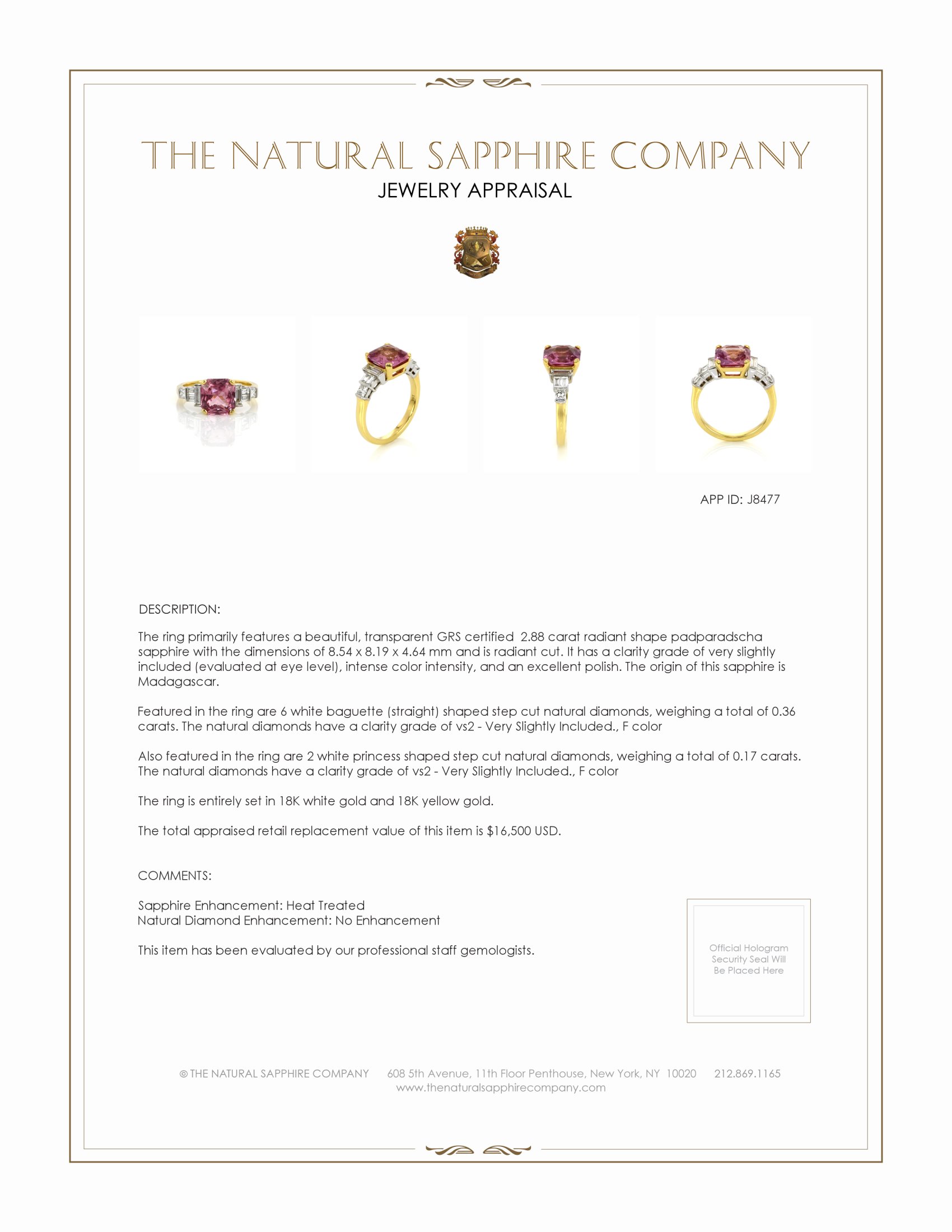 2.88 Ct. Padparadscha Sapphire and Natural Diamond Accent Stones Ring, 18K White & Yellow