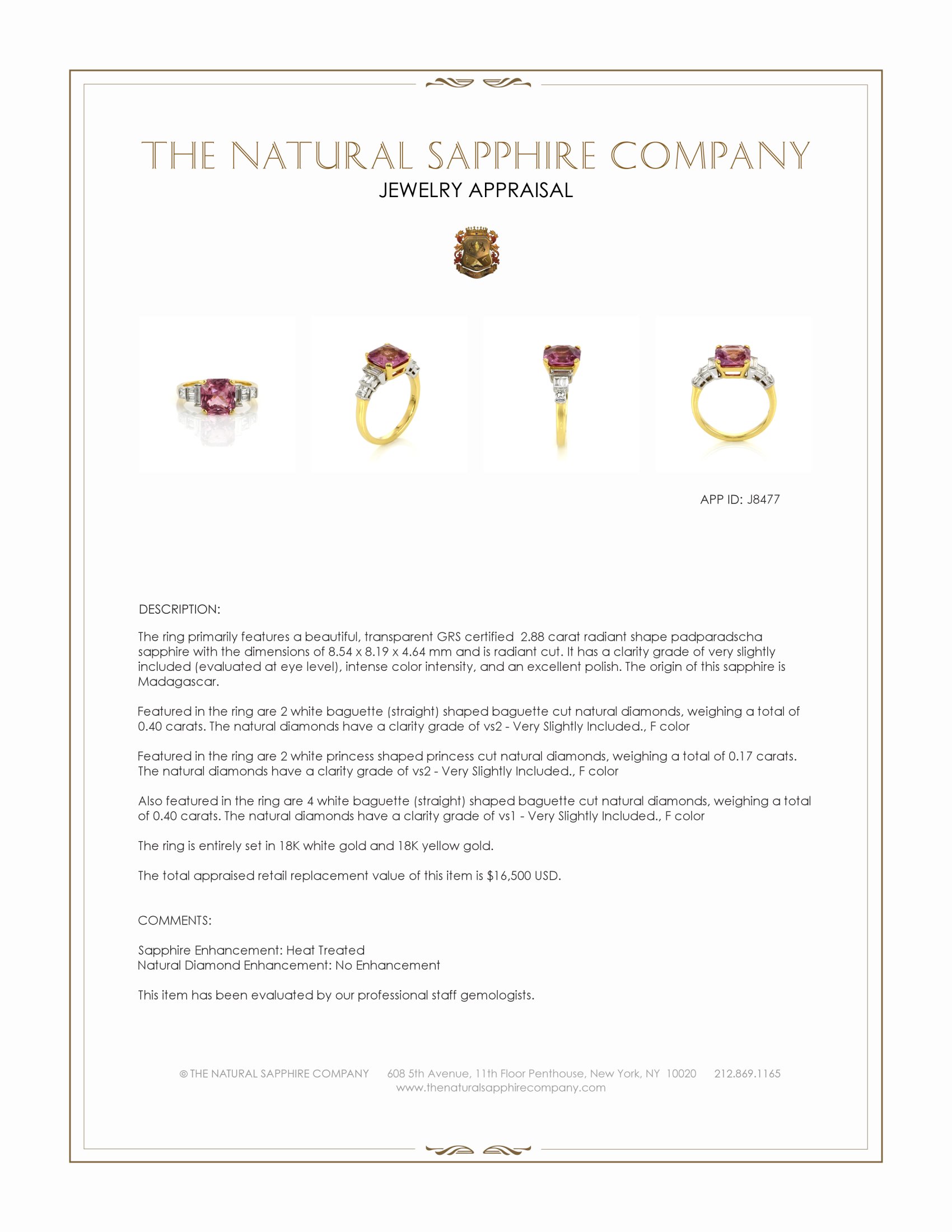 2.88 Ct. Padparadscha Sapphire and Natural Diamond Accent Stones Ring, 18K White & Yellow