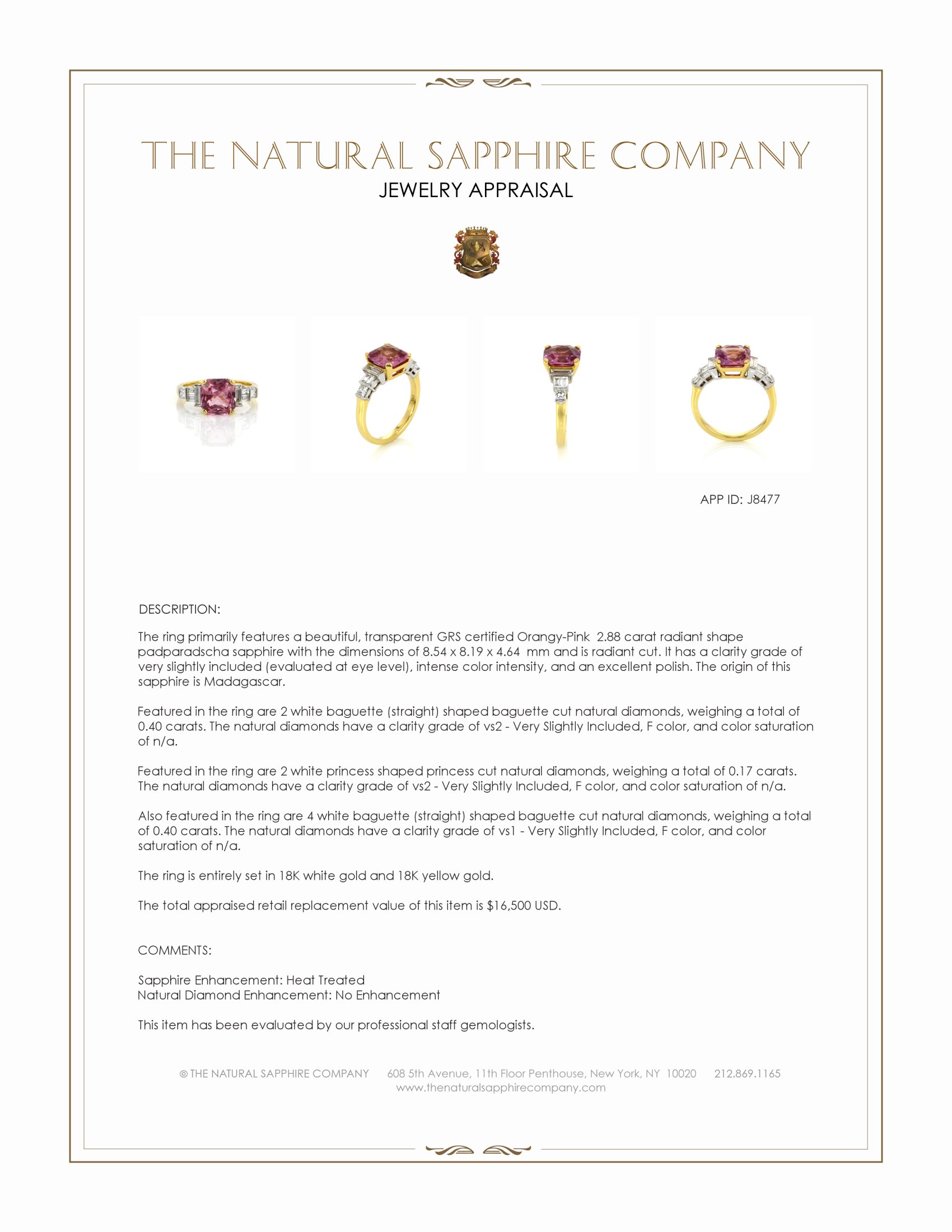 2.88 Ct. Padparadscha Sapphire and Natural Diamond Accent Stones Ring, 18K White & Yellow