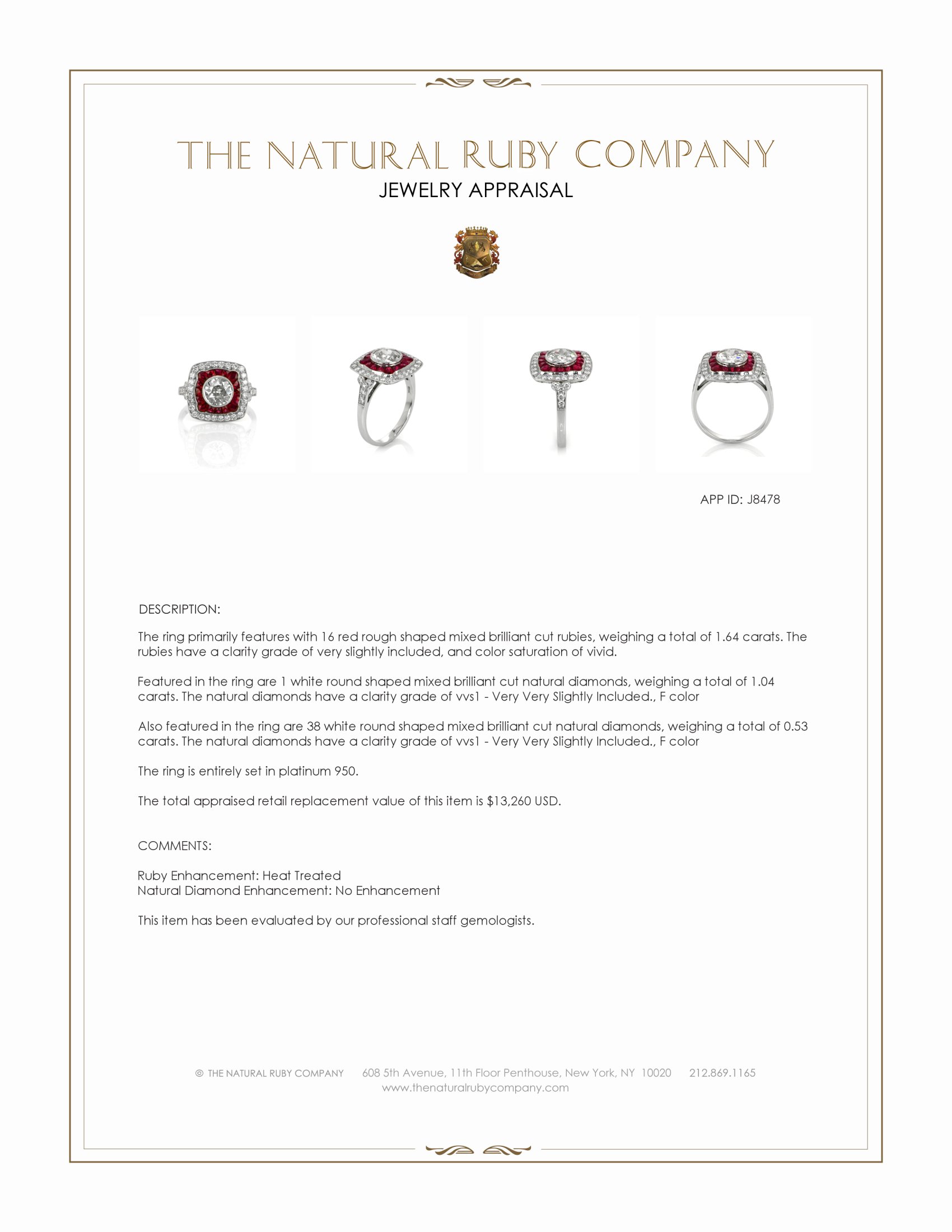 1.64 Ct. Ruby and Natural Diamond Antique Style Ring, Platinum 950