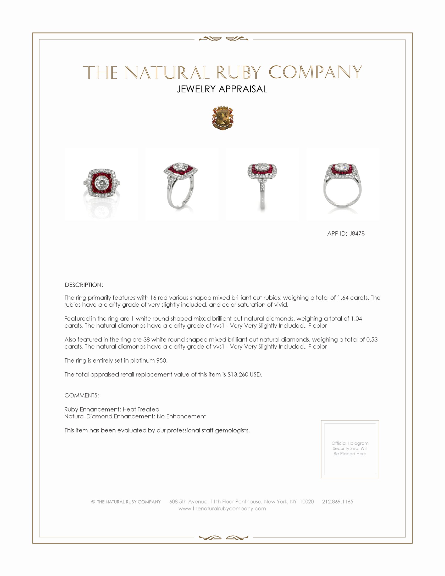 1.64 Ct. Ruby and Natural Diamond Antique Style Ring, Platinum 950