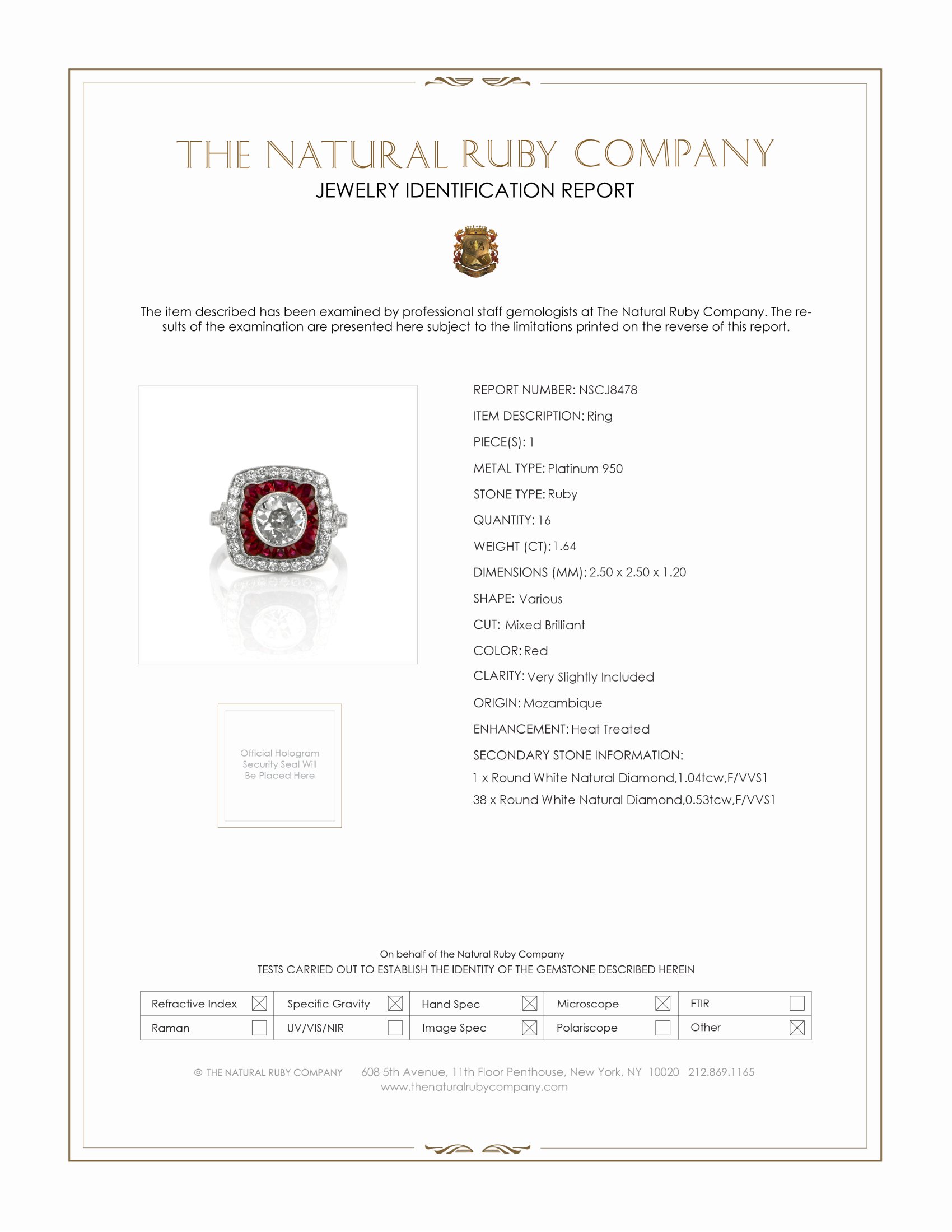 1.64 Ct. Ruby Natural Diamond Antique Style Ring, Platinum 950