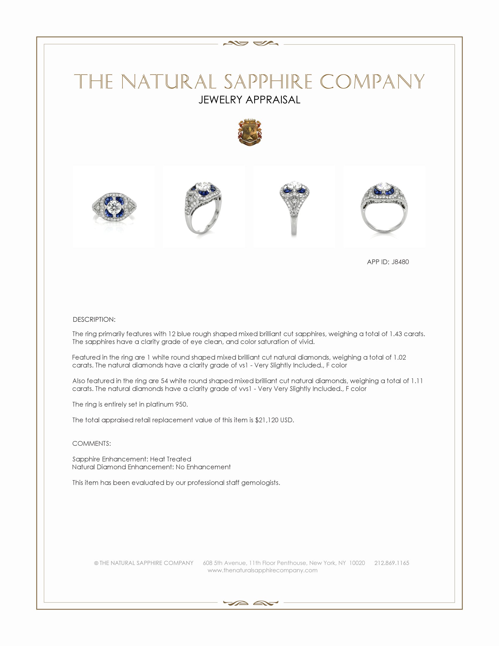 1.43 Ct. Blue Sapphire and Natural Diamond Antique Style Ring, Platinum 950