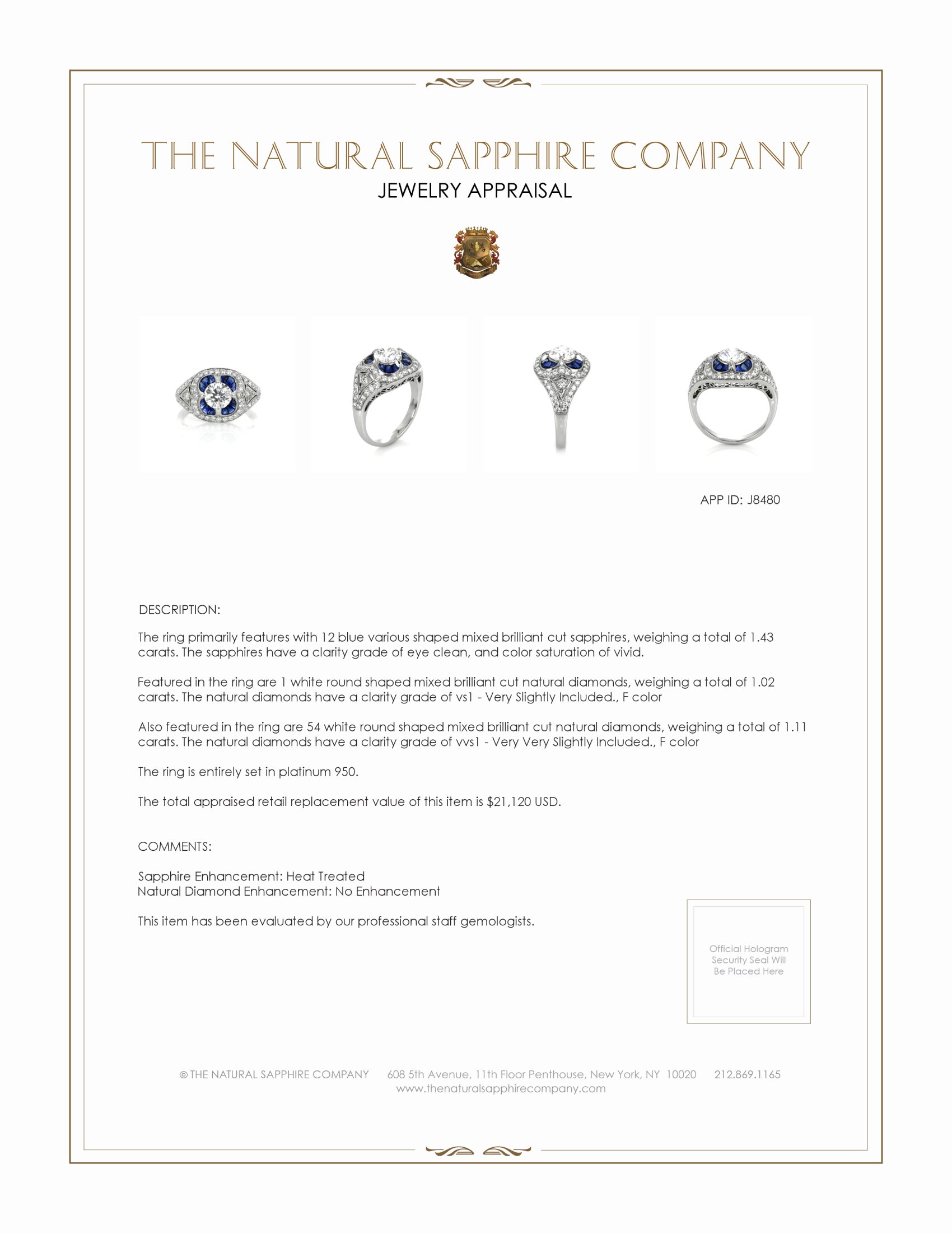 1.43 Ct. Blue Sapphire and Natural Diamond Antique Style Ring, Platinum 950