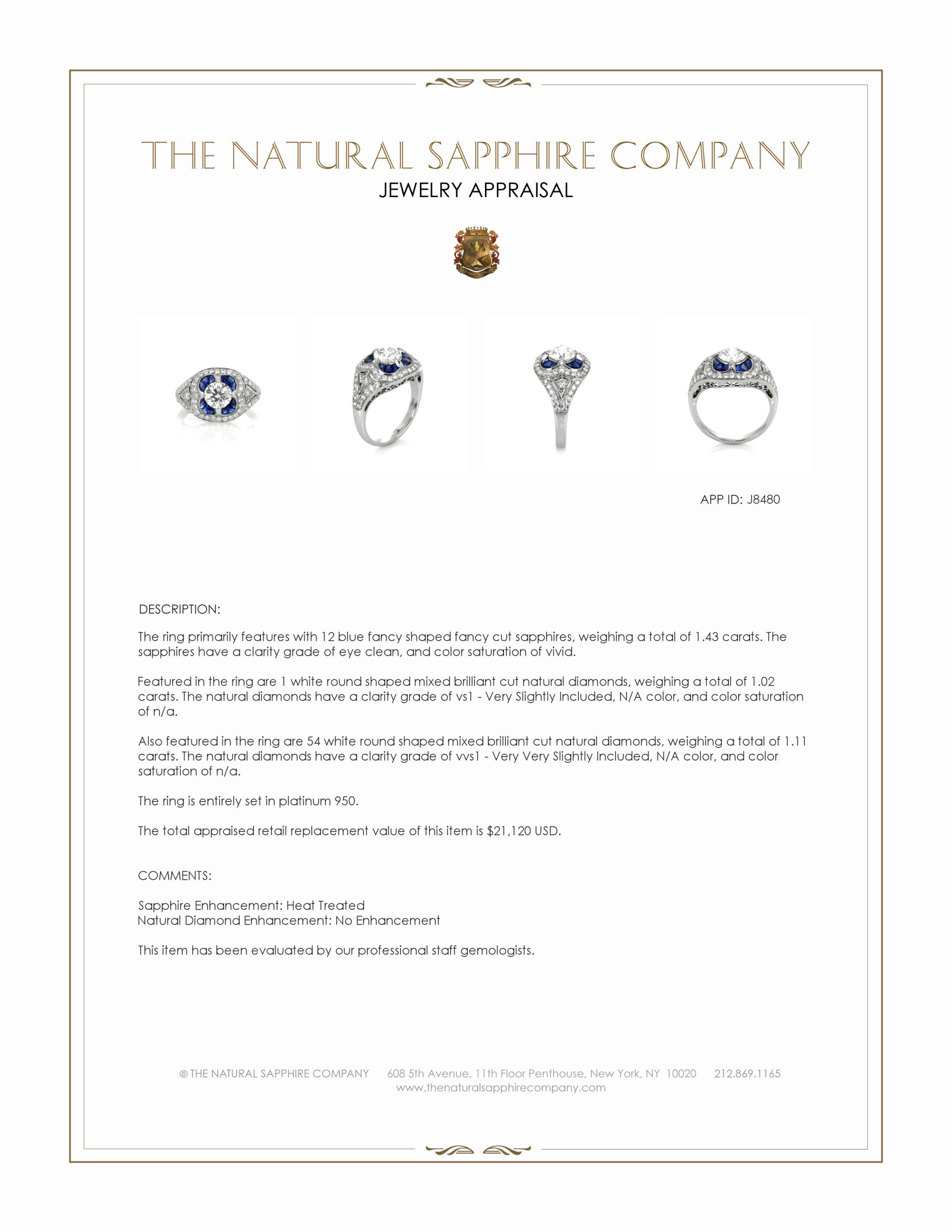 1.43 Ct. Blue Sapphire and Natural Diamond Antique Style Ring, Platinum 950
