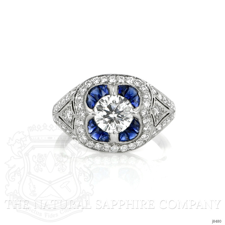 1.43 Ct. Blue Sapphire and Natural Diamond Antique Style Ring, Platinum 950