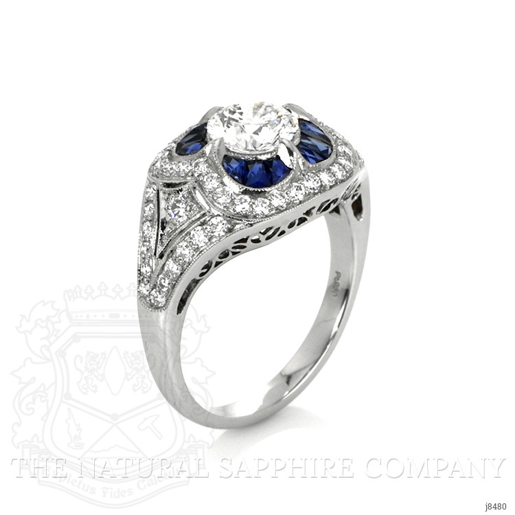 1.43 Ct. Blue Sapphire and Natural Diamond Antique Style Ring, Platinum 950