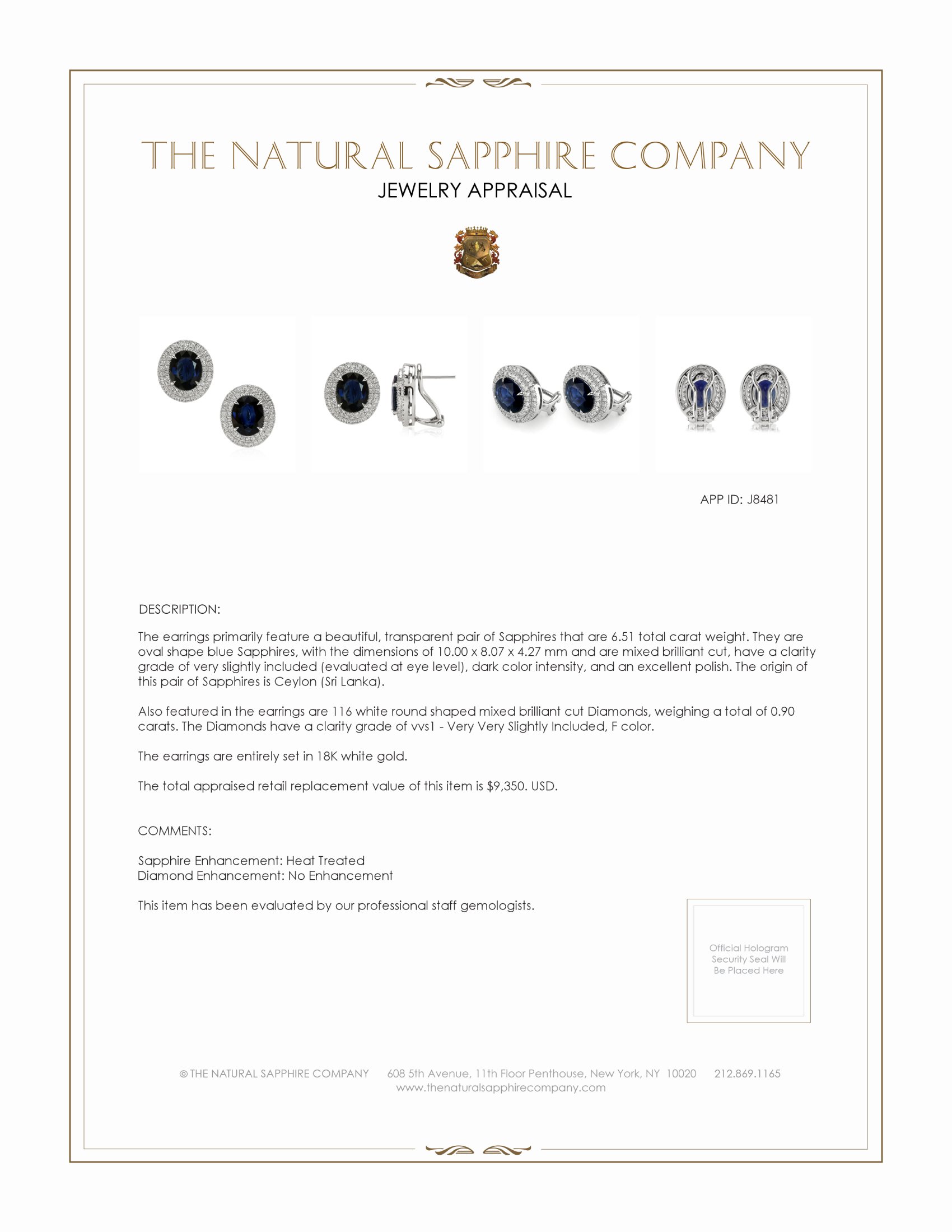 6.51 Ct.Tw. Blue Sapphire and Natural Diamond Pave Earrings, 18K White Gold