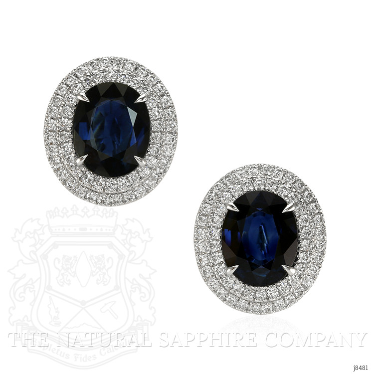 6.51 Ct.Tw. Blue Sapphire and Natural Diamond Pave Earrings, 18K White Gold